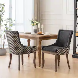 Loheer - Fabric Dining Chairs Set of 2 Solid Wood Mid-Century Upholstered Side Chairs with Nailhead Trim - Charcoal Black