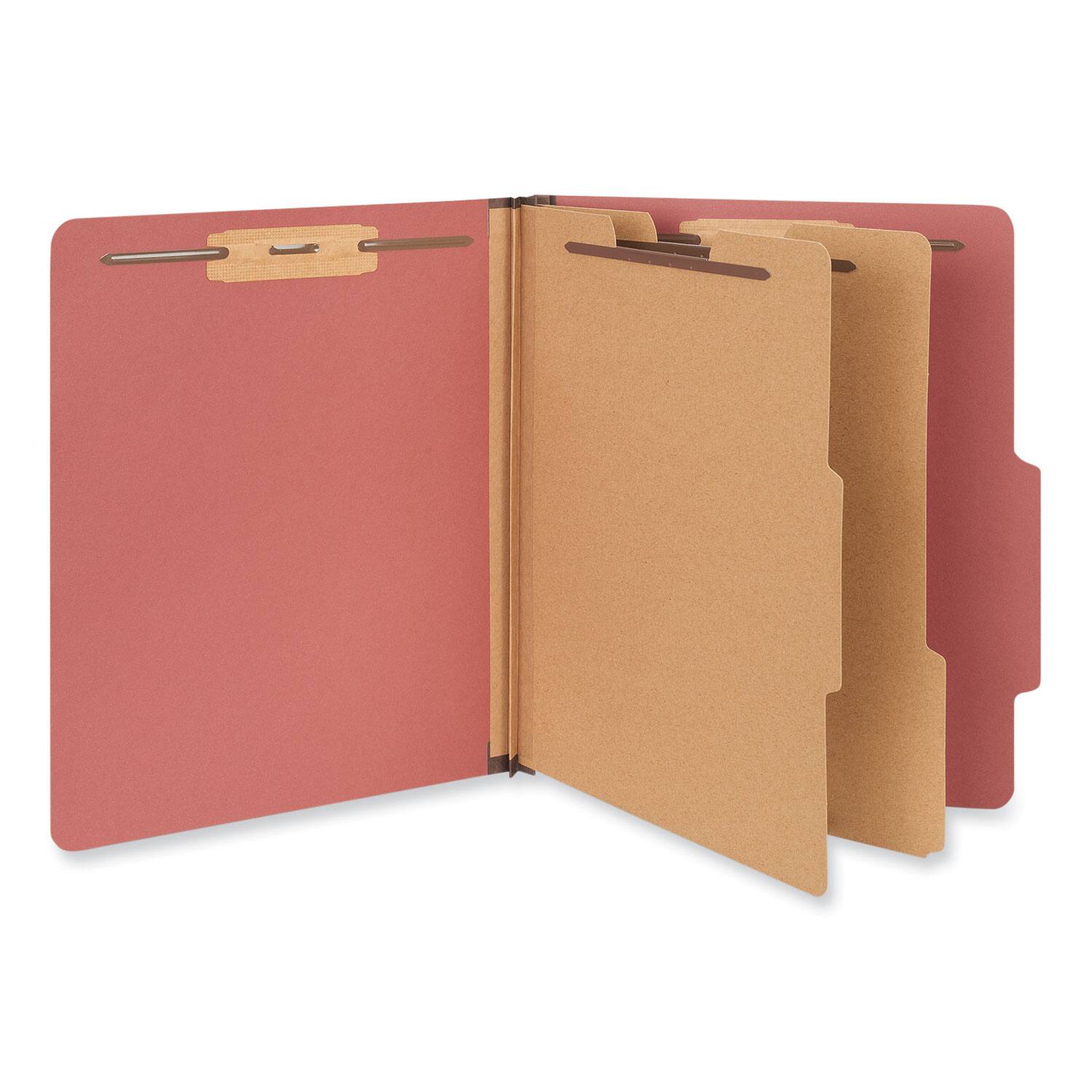 Angle. Universal - Six-Section Pressboard Classification Folders, 2" Expansion, 2 Dividers, 6 Fasteners, Letter Size, Red Exterior, 10/Box.