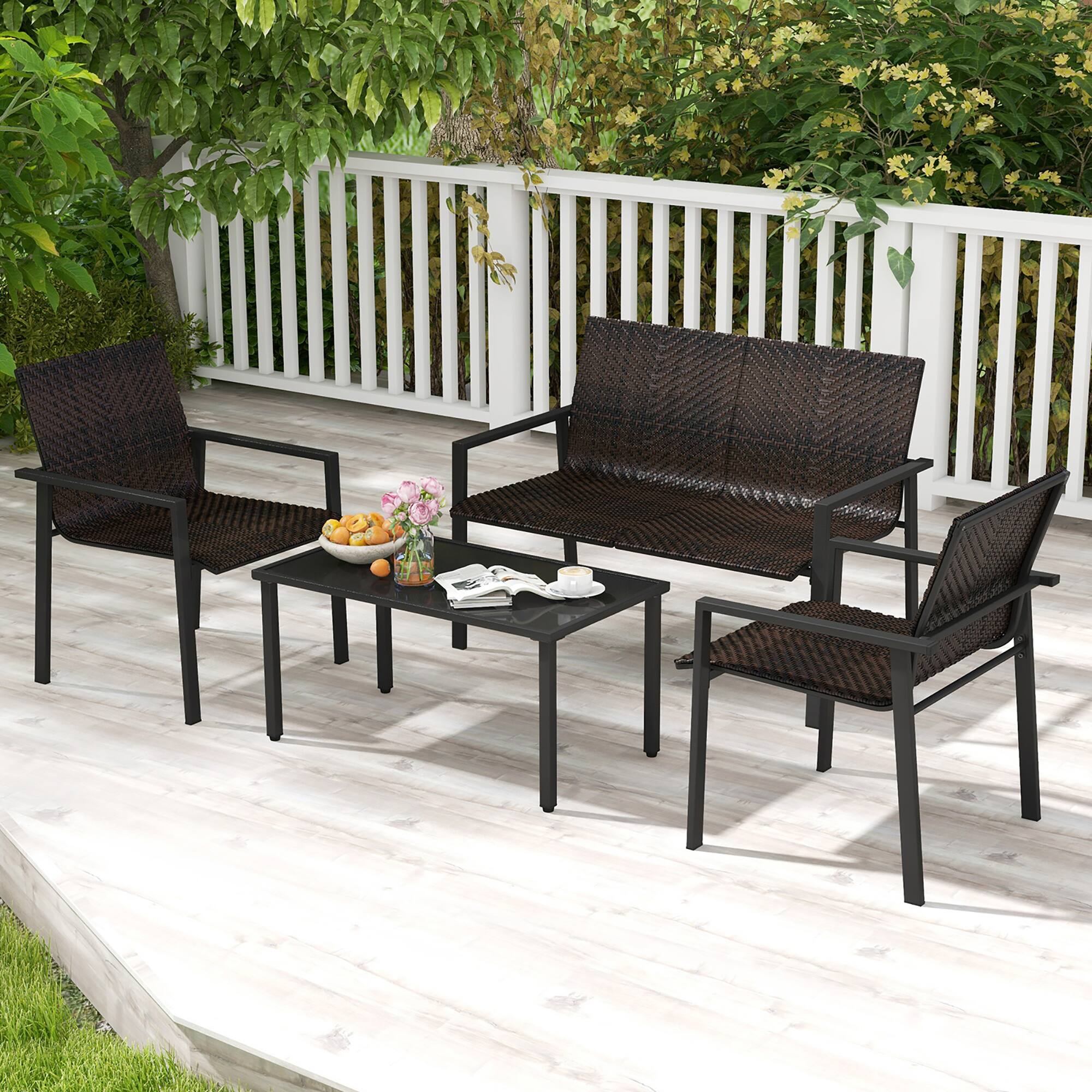 Alt View 3. Gymax - Gymax 4 PCS Patio Furniture Set Heavy Duty Galvanized Metal Frame Wicker Table Mix Brown - Mix Brown.