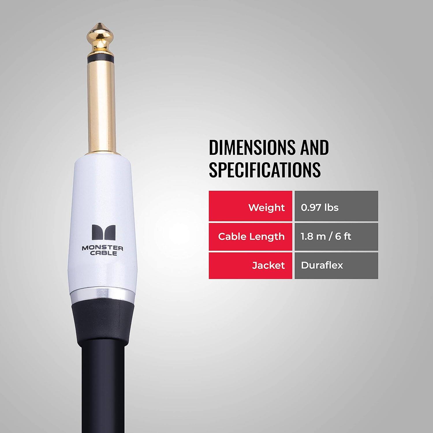 DIMENSIONS AND SPECIFICATIONS

- Weight: 0.97 lbs
- Cable Length: 1.8 m / 6 ft
- Jacket: Duraflex