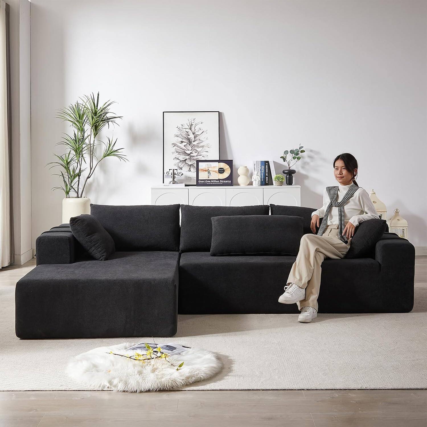 Alt View 3. Trinkets Crazed - 108"Modular L Shaped Sectional Sofa Modern Comfy Corner Couches Sleeper Sofa with 6 Pillows (Left Chaise) - blak.