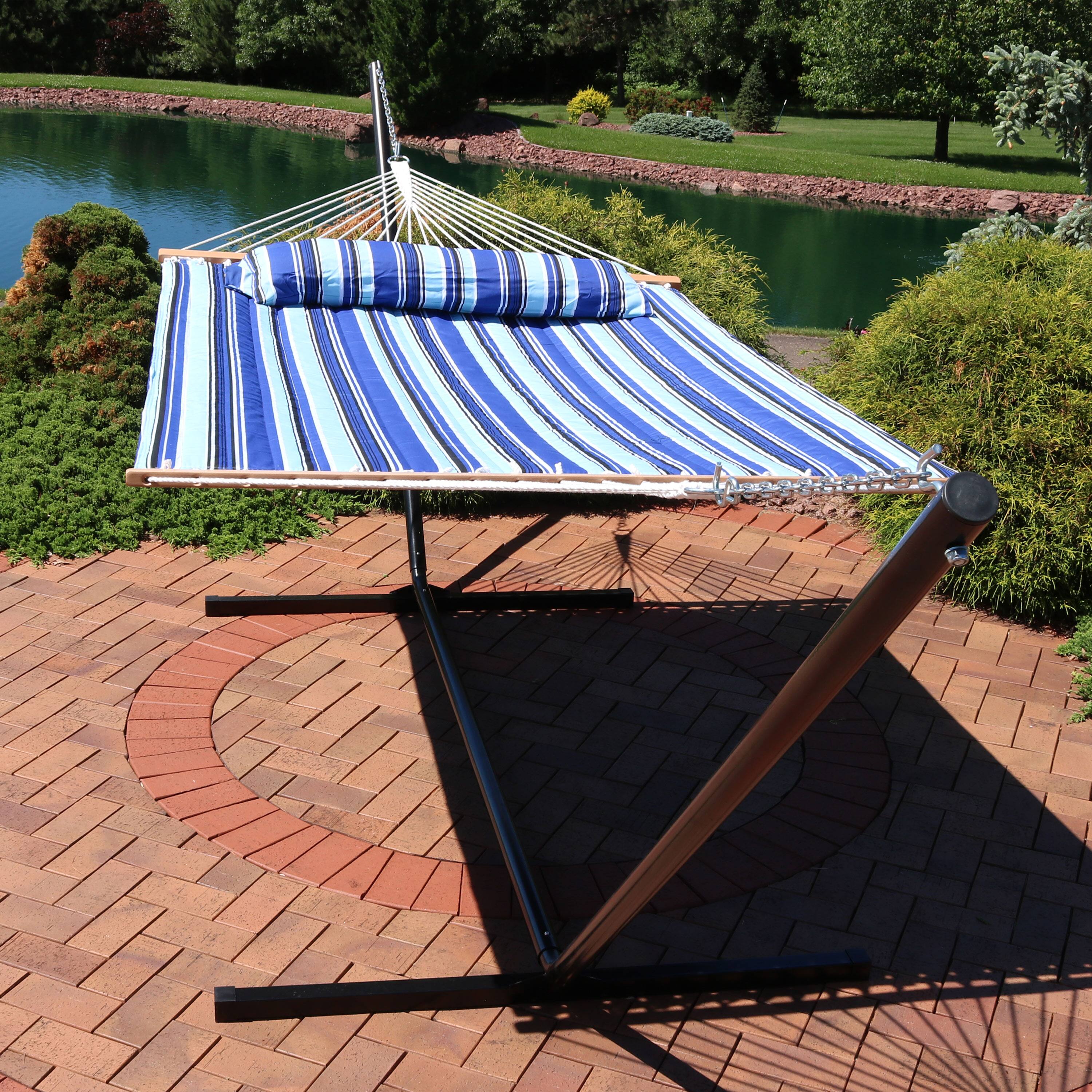 Alt View 3. Sunnydaze - 2-Person Quilted Fabric Hammock with Steel Stand - Catalina Beach.