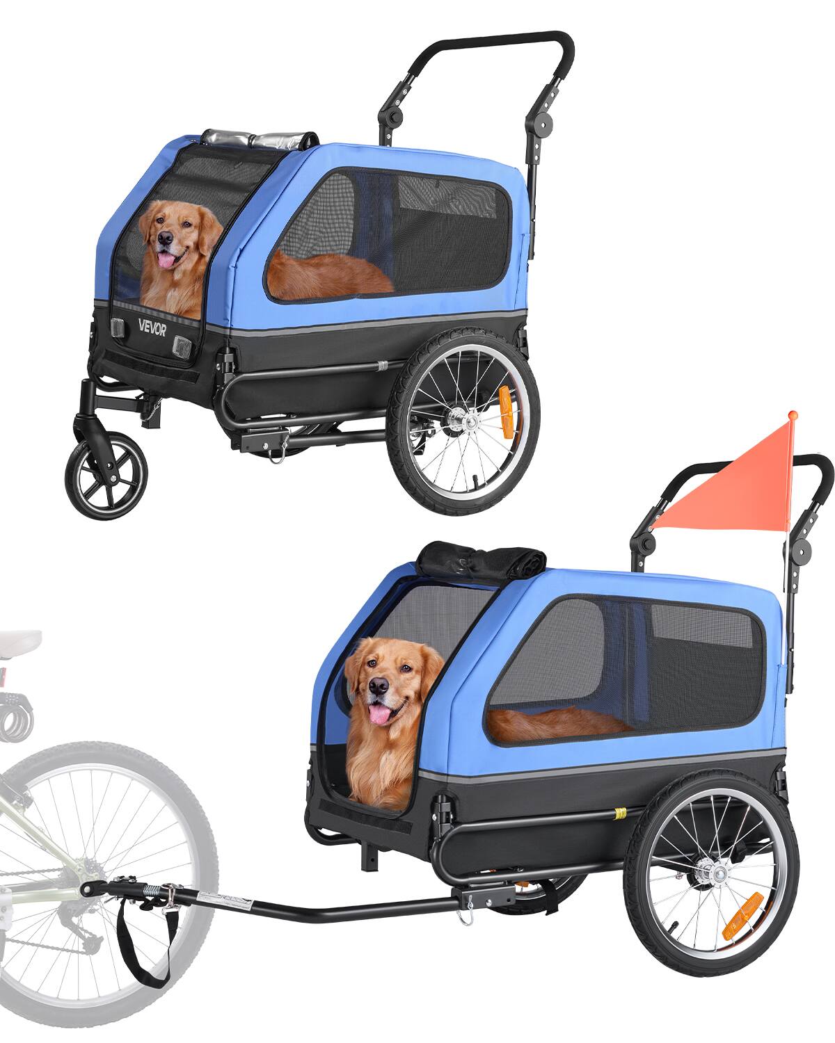 Front. VEVOR - Dog Bike Trailer, Supports up to 88 lbs, 2-in-1 Pet Stroller Cart Bicycle Carrier for Small & Large Dogs - Blue + Black.
