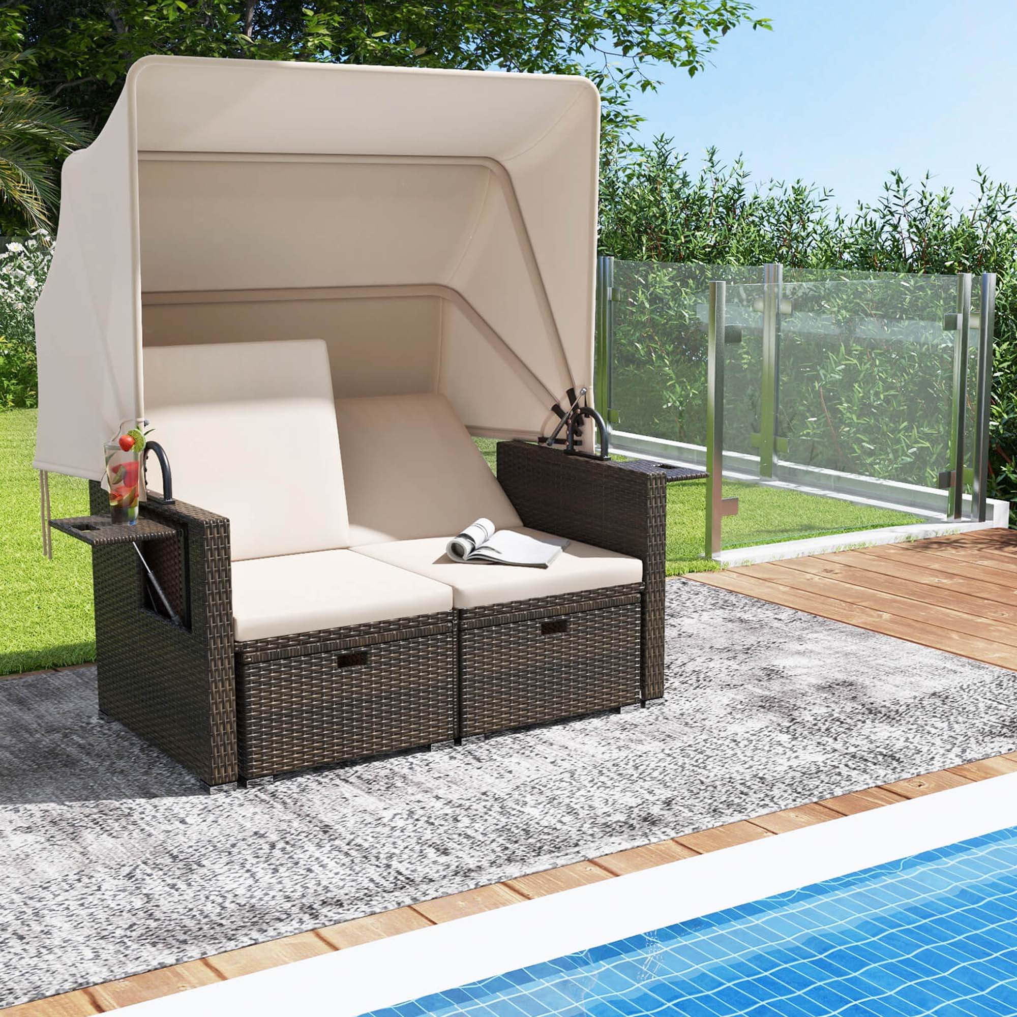 Alt View 1. Costway - Outdoor Patio Rattan Daybed with Retractable Canopy & Adjustable Backrests - Beige + Mix Brown.