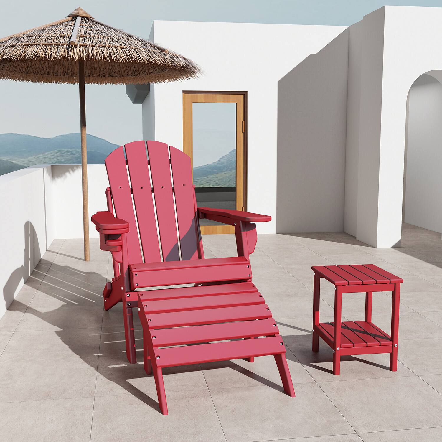 Alt View 2. FODINGHILL - HDPE Adirondack Ottoman Set of 2, All weather Footrest for Patio & Garden - Red.