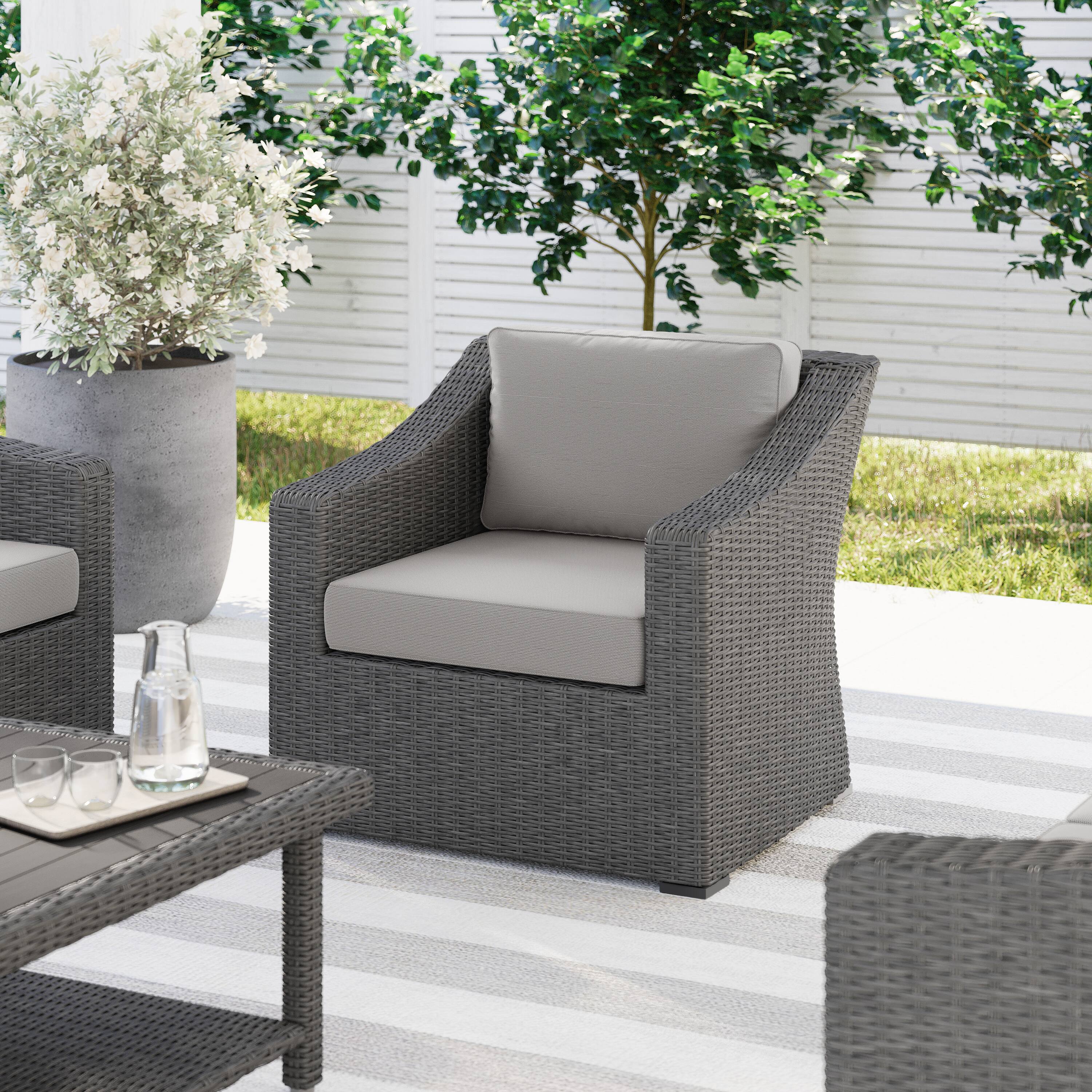 Alt View 1. Martha Stewart - Bedford Outdoor Rattan Wicker Accent Chair with All-Weather Cushions - Gray Cushions/Gray Frame.