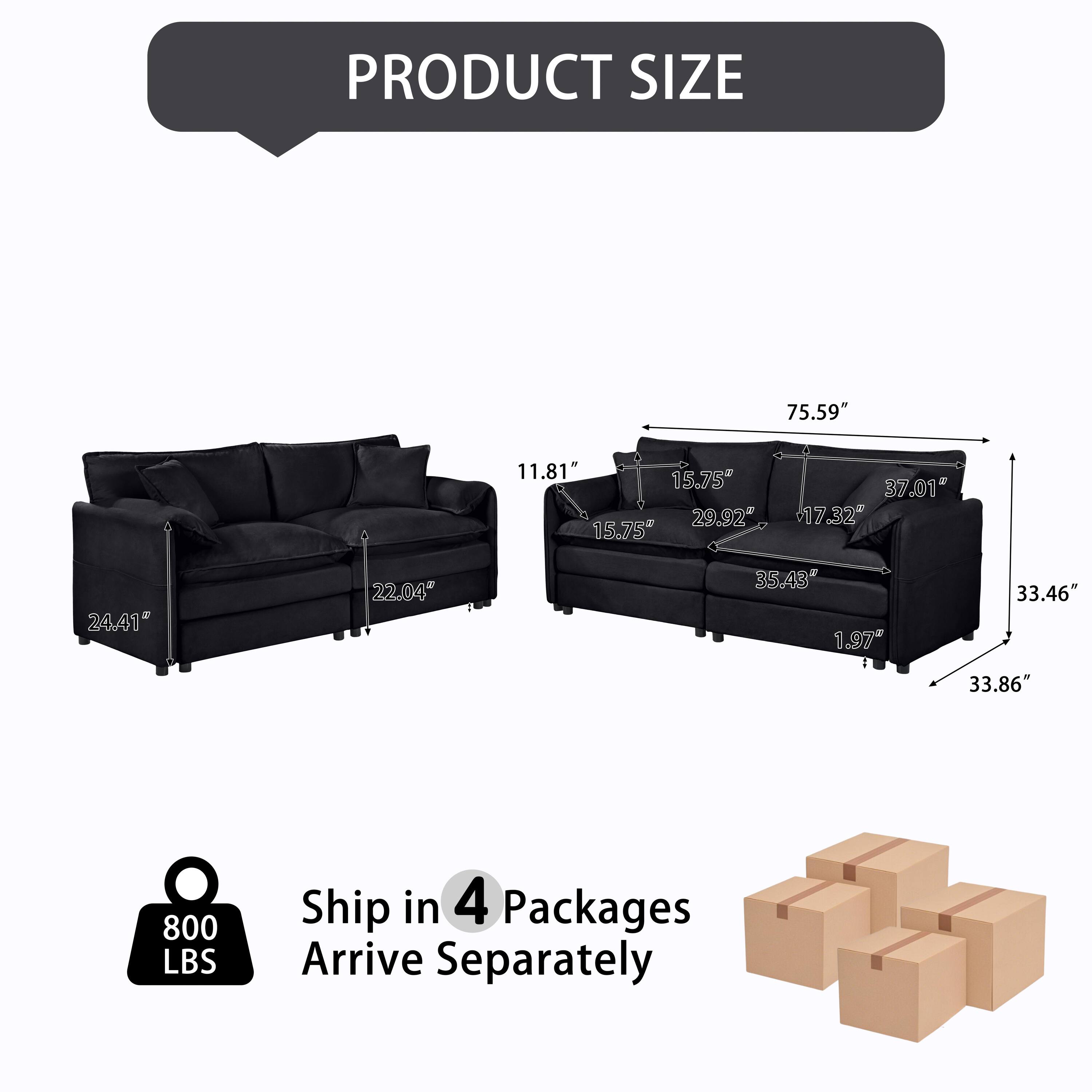 PRODUCT SIZE  
75.59" x 11.81" x 15.75"  
29.92" x 15.75" x 37.01"  
17.32" x 24.41" x 22.04"  
35.43" x 1.97" x 33.46" x 33.86"  
800 LBS  
Ship in 4 Packages  
Arrive Separately