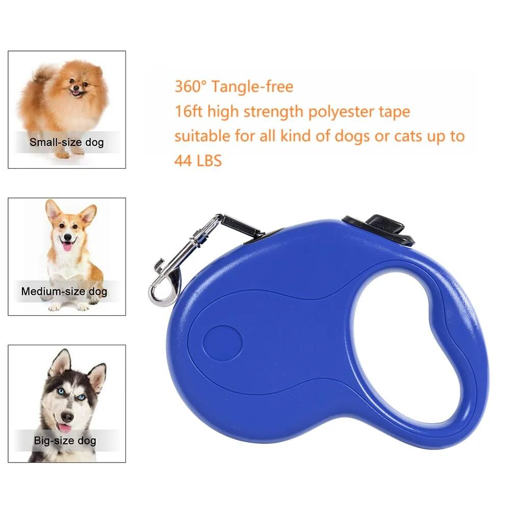 Small-size dog  
Medium-size dog  
Big-size dog  

360° Tangle-free  
16ft high strength polyester tape  
suitable for all kind of dogs or cats up to 44 LBS