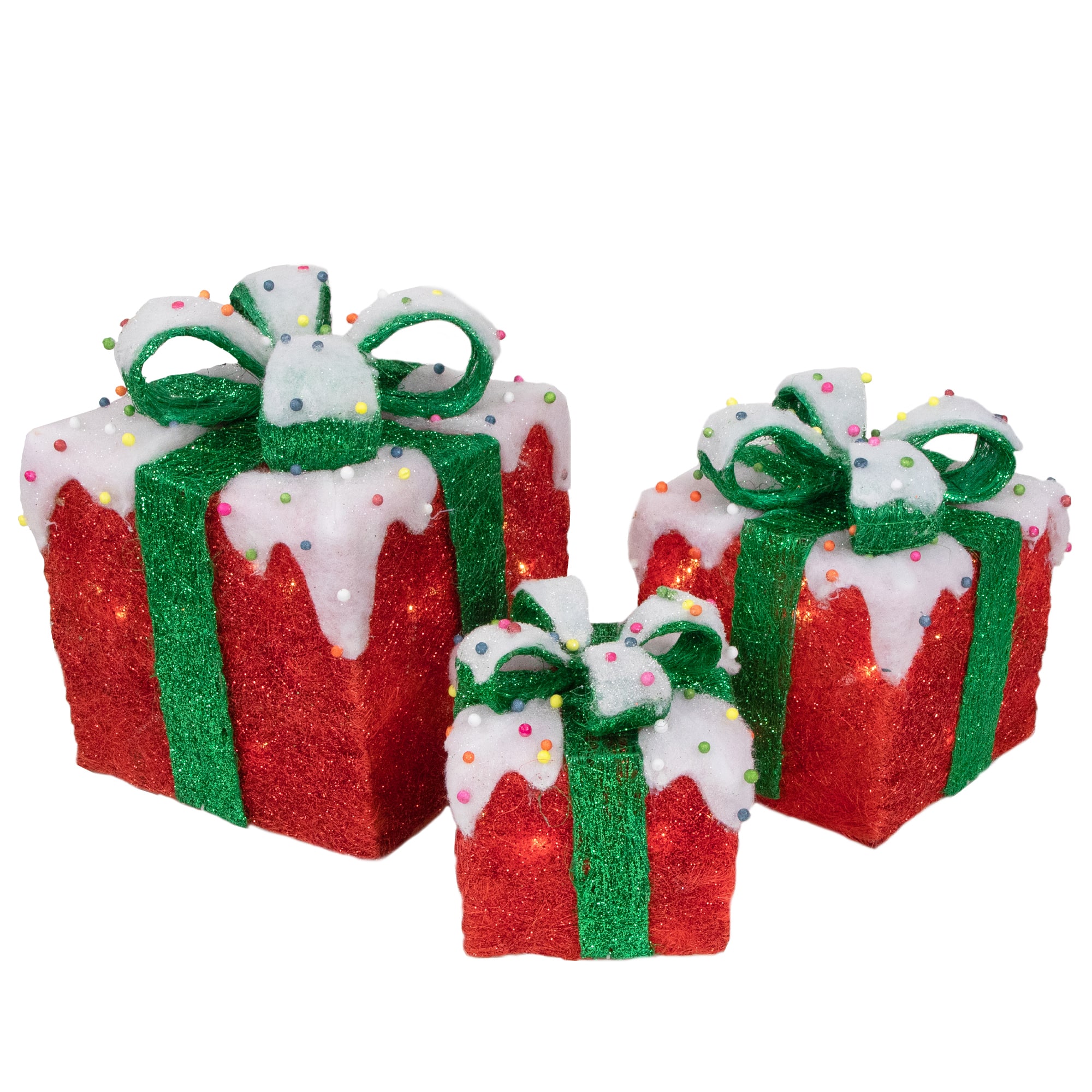 Northlight - Lighted Snow and Candy Covered Sisal Gift Boxes Outdoor Christmas Decorations - Set of 3 - Red