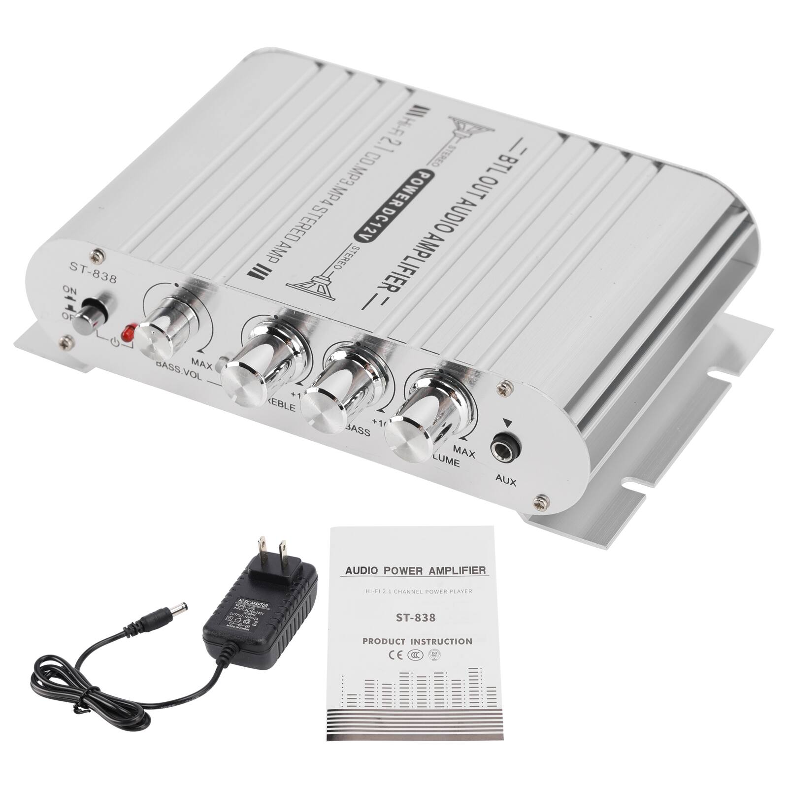 ST-838 ON OF  
/// Hi-Fi CD 2.1 STEREO I MP3 BTL .MP4 POWER OUT STEREO DC12V AMP AUDIO AMP STEREO III LIFIER  
BASS MAX VOL  
EBLE  
BASS  
LUME MAX AUX  
AUDIO POWER AMPLIFIER  
AGOCAFAPTOR  
HI-FI 2.1 CHANNEL POWER PLAYER ST-838  
PRODUCT INSTRUCTION CE