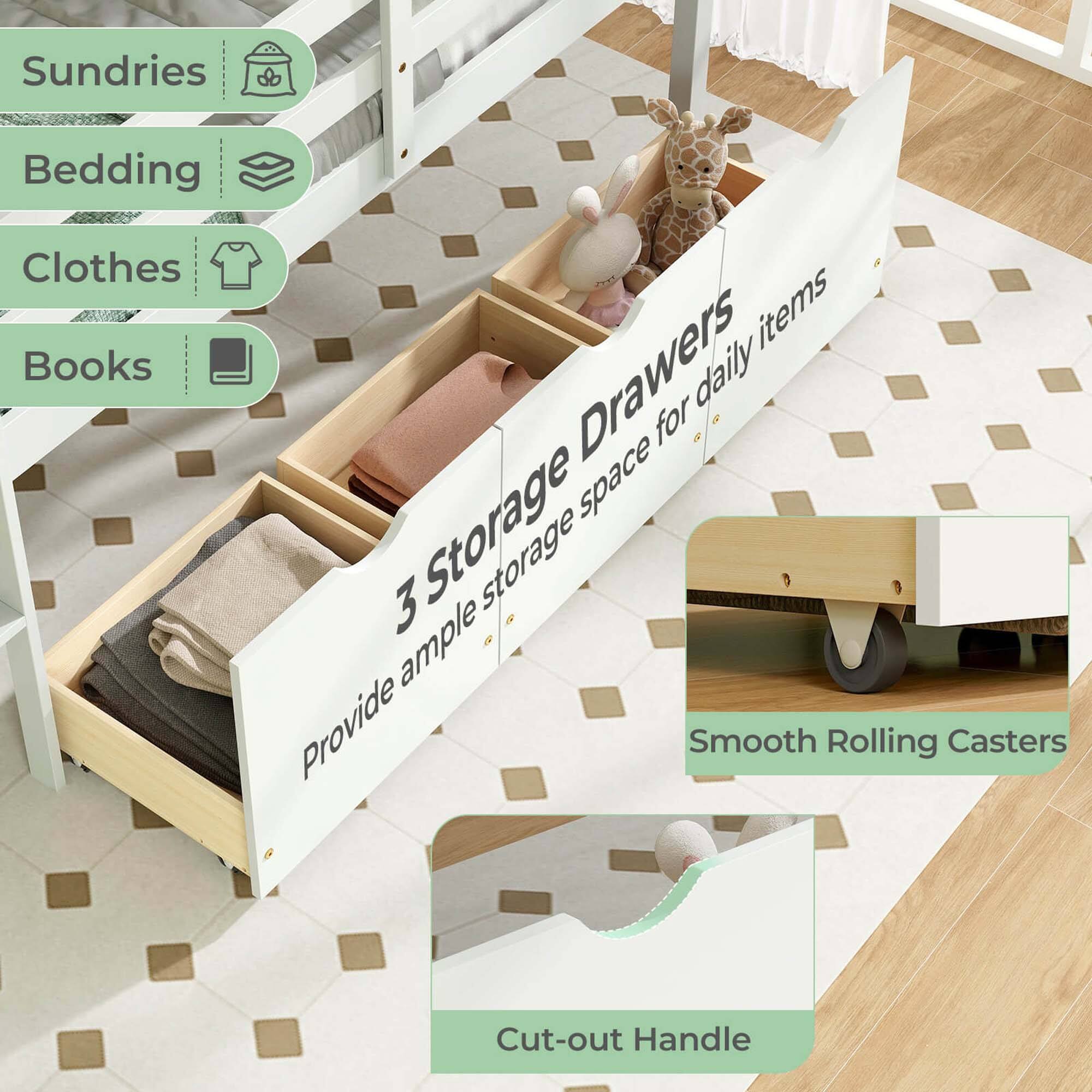 The text on the image can be grouped and corrected as follows:

1. Sundries: Provide ample storage space for everyday items.
2. Bedding: Cut-out handle for easy access to bedding.
3. Clothes: Smooth rolling casters for easy access to clothes.
4. Drawers: 3 storage drawers for daily use.
5. Books: Provide storage for books.
6. Clothes items: Smooth rolling casters for easy access to clothes items.
7. Daily for space: 3 storage drawers for daily use.
8. 3 storage: Provide ample storage space for everyday items.
9. ample: Provide ample storage space for everyday items.
10. Provide: Provide ample storage space for everyday items.