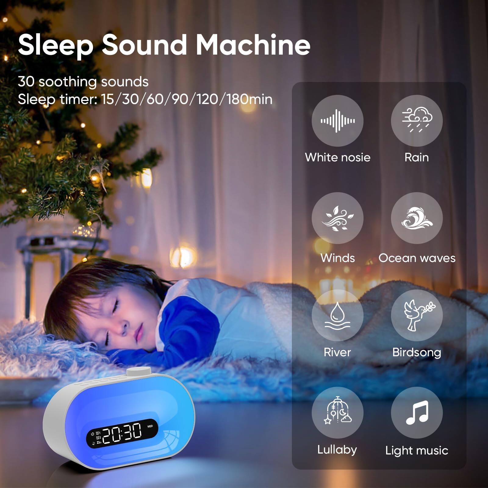 Sleep Sound Machine

30 soothing sounds  
Sleep timer: 15/30/60/90/120/180min

- White noise
- Rain
- Winds
- Ocean waves
- River
- Birdsong
- Lullaby
- Light music