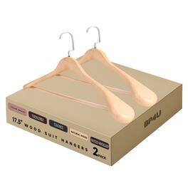 BP4U - 2-Pack Premium Wide Shoulder Wooden Suit Hangers, 17.5" Men's Solid Wood Clother Hangers with Pant Bar - Natural Wood