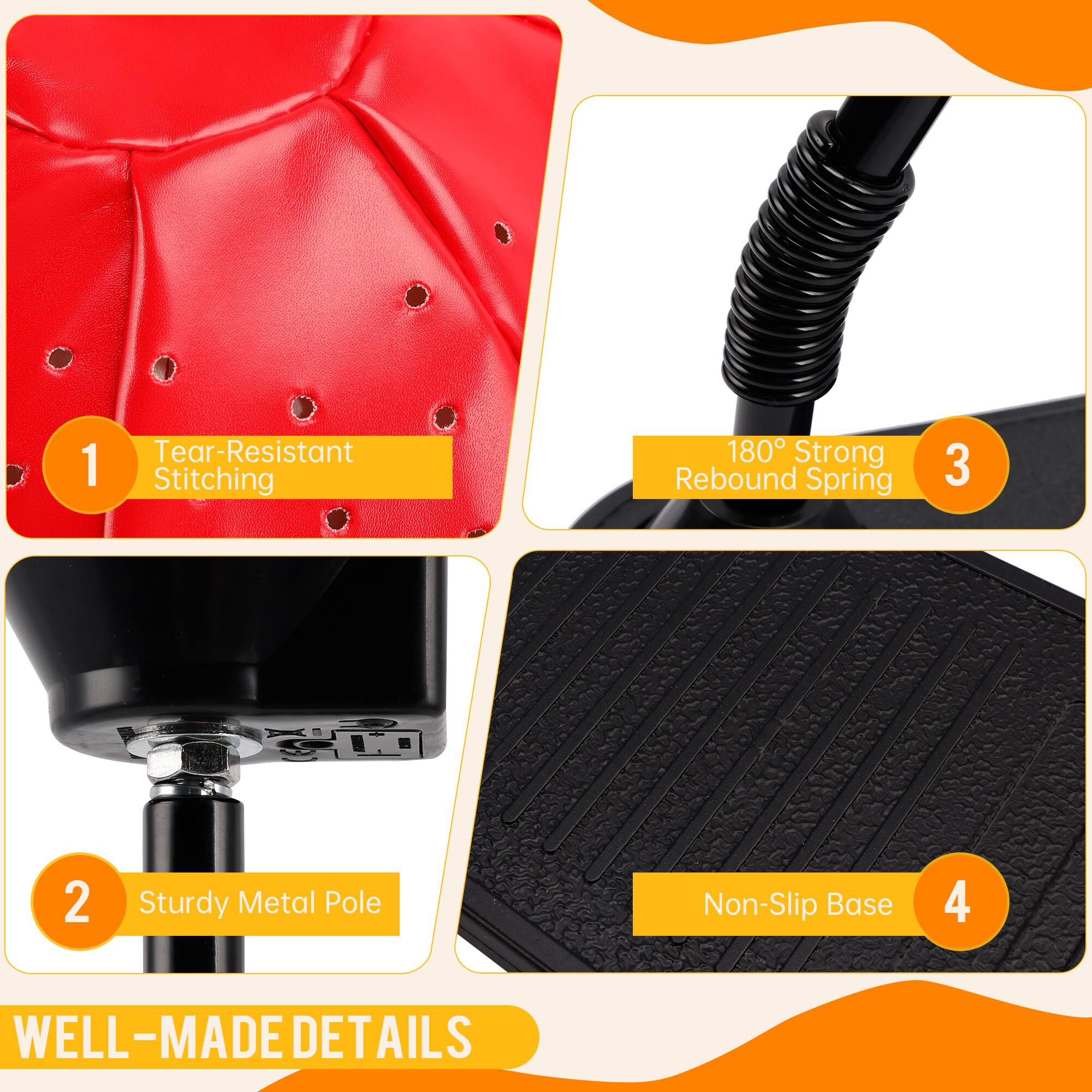 1. Tear-Resistant Stitching  
2. Sturdy Metal Pole  
3. 180° Strong Rebound Spring  
4. Non-Slip Base  

WELL-MADE DETAILS