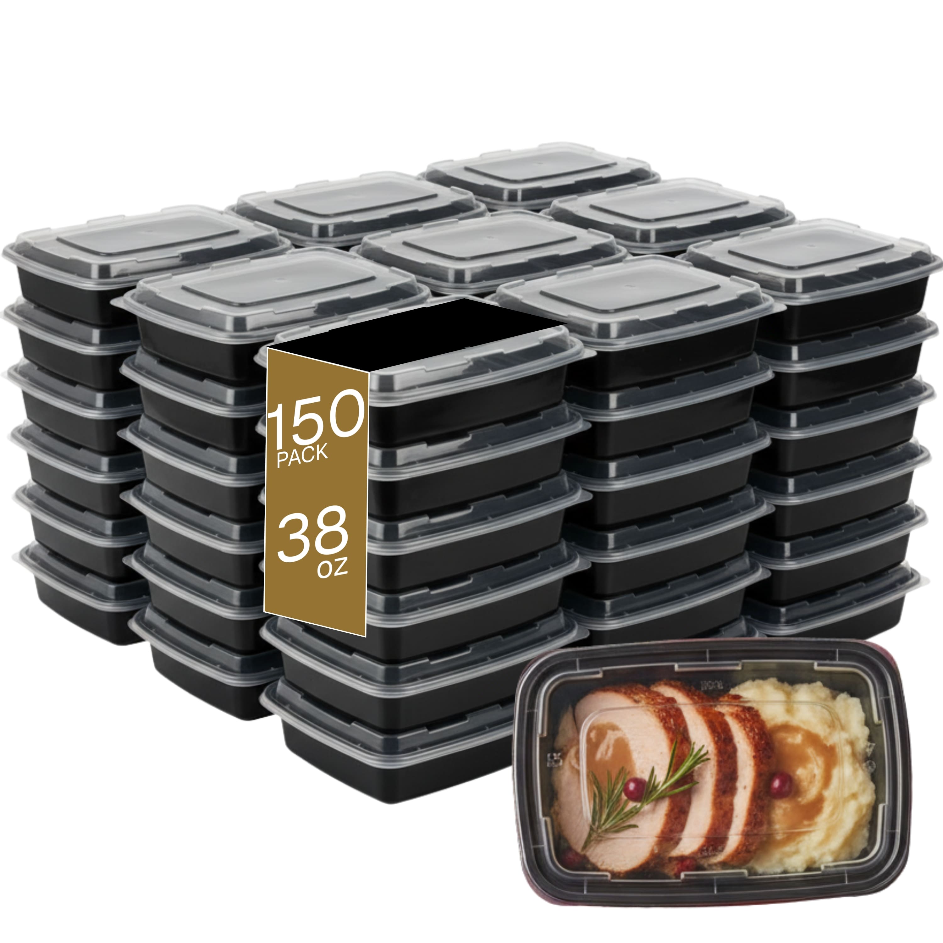 Eco Harmony Products - Microwaveable Container (Rectangular) with Lid, 38oz, 150-Pack, 150-Pack - Black