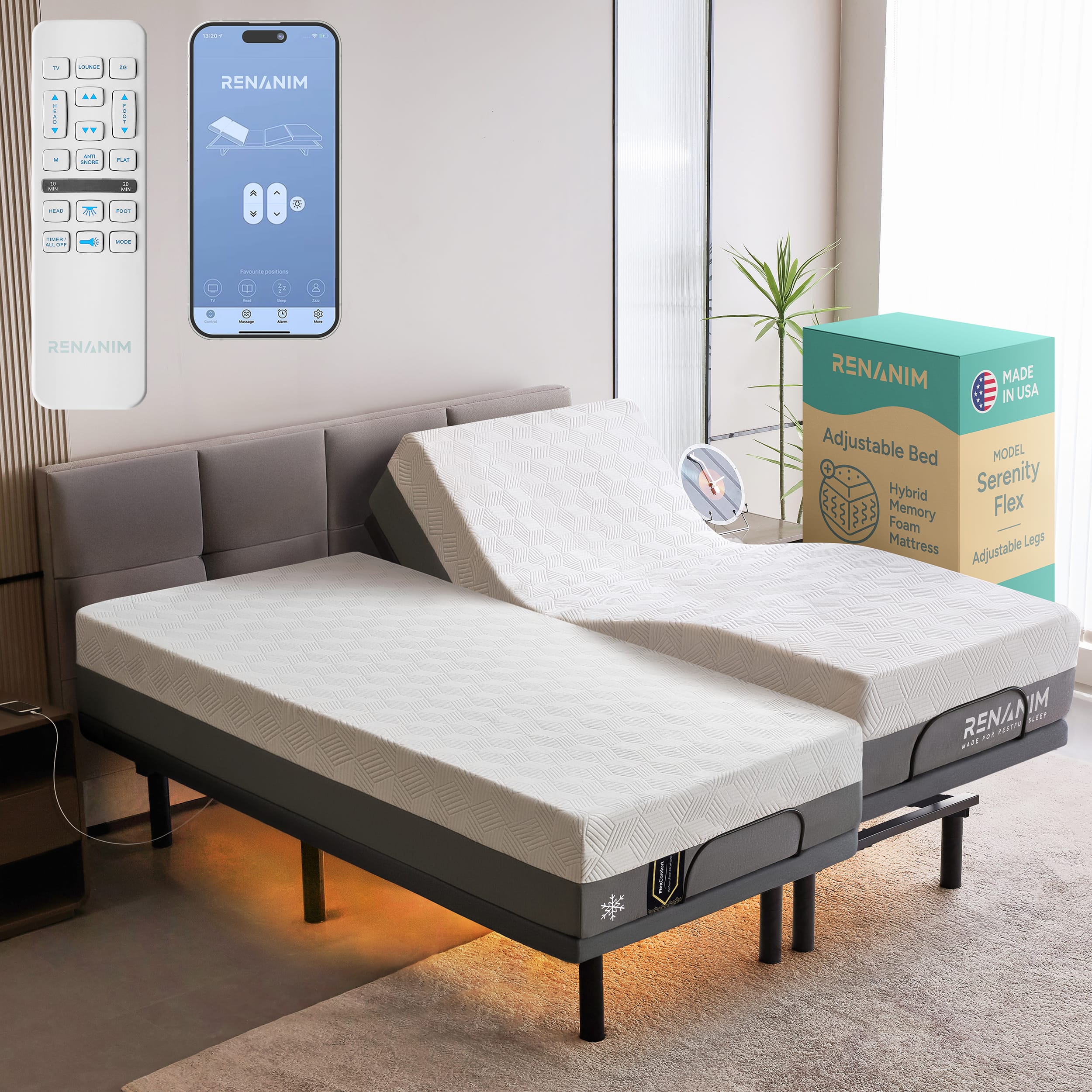 RENANIM Adjustable Bed
Hybrid Serenity Memory Flex Foam Mattress Legs
Adjustable
Made in USA
Model: Serenity
Adjustable Legs