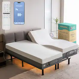 Renanim - SF Split King Adjustable Bed with Mattress - 12" Cooling Gel Hybrid Mattress, Massage, Zero Gravity Electric Bed - Gray