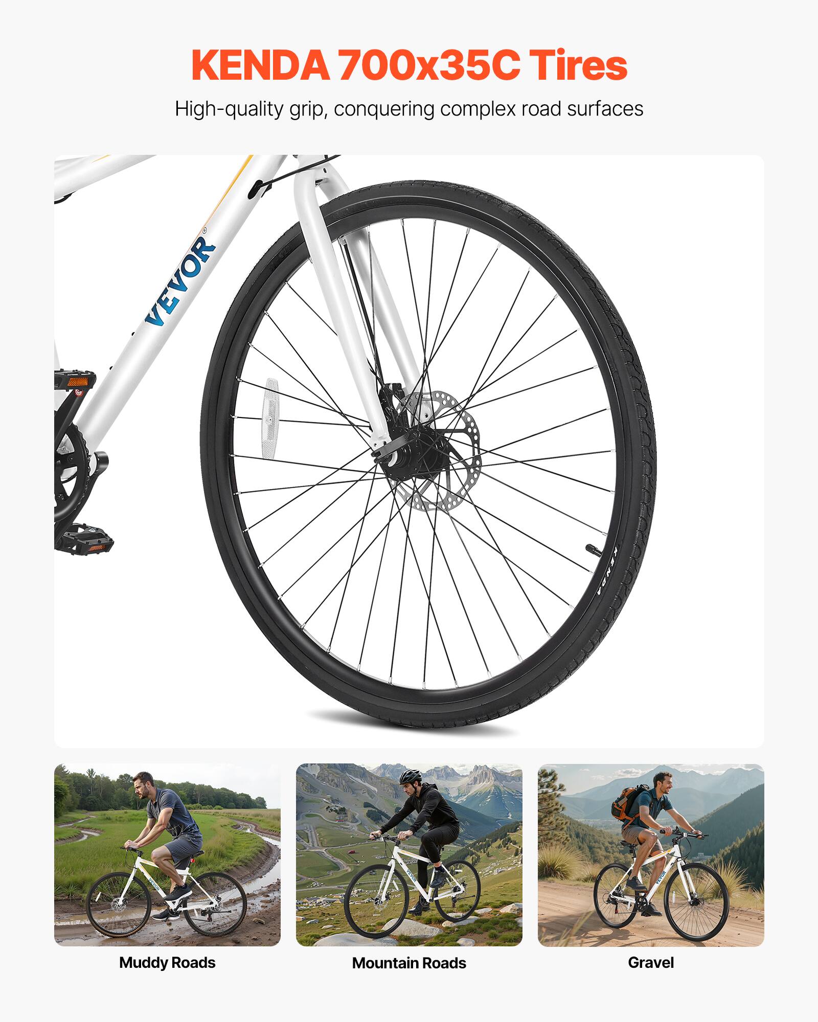 KENDA 700x35C Tires  
High-quality grip, conquering complex road surfaces  

Muddy Roads  
Mountain Roads  
Gravel