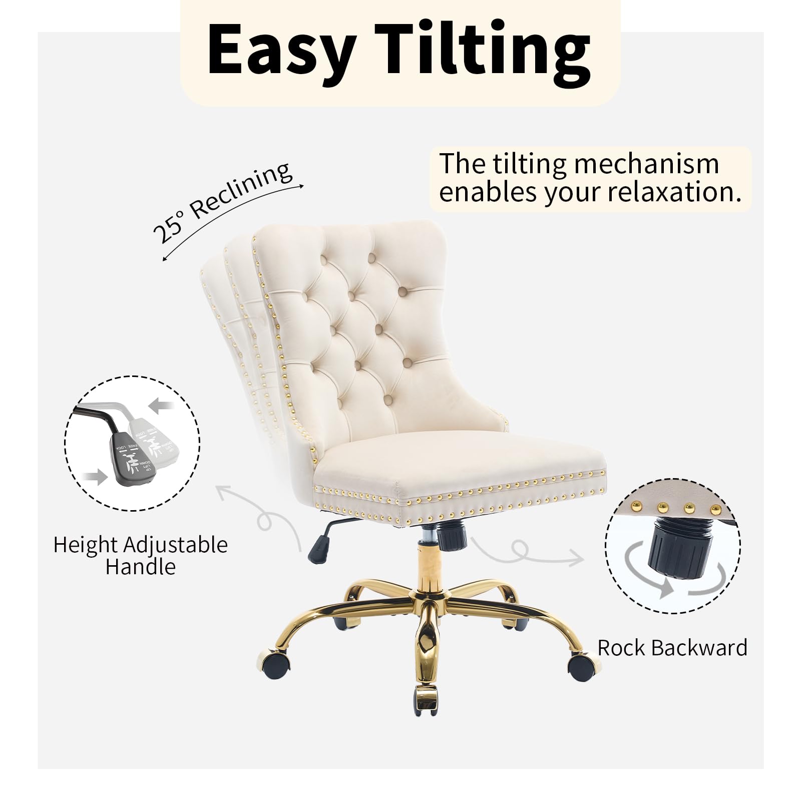 Easy Tilting

The tilting mechanism enables your relaxation.

25° Reclining

Height Adjustable Handle

Rock Backward
