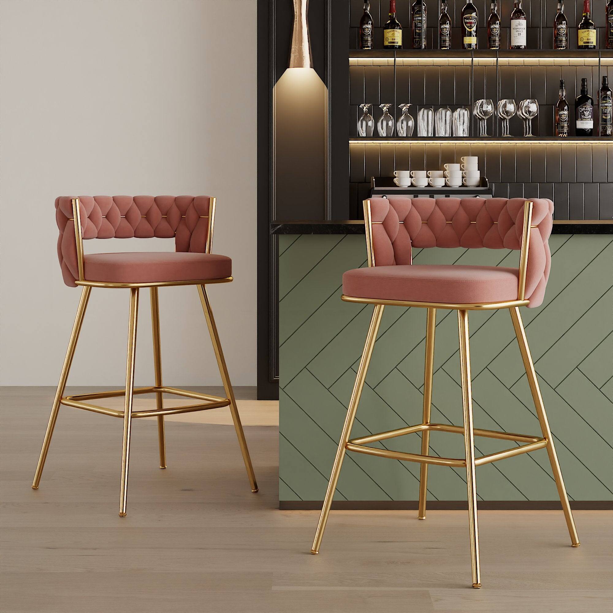 Alt View 2. Vecelo - Set of 2 Pink PU Leather Bar Stool with Electroplated Metal Frame – 34-Inch Tall Bar Chair with Footrest - Pink.