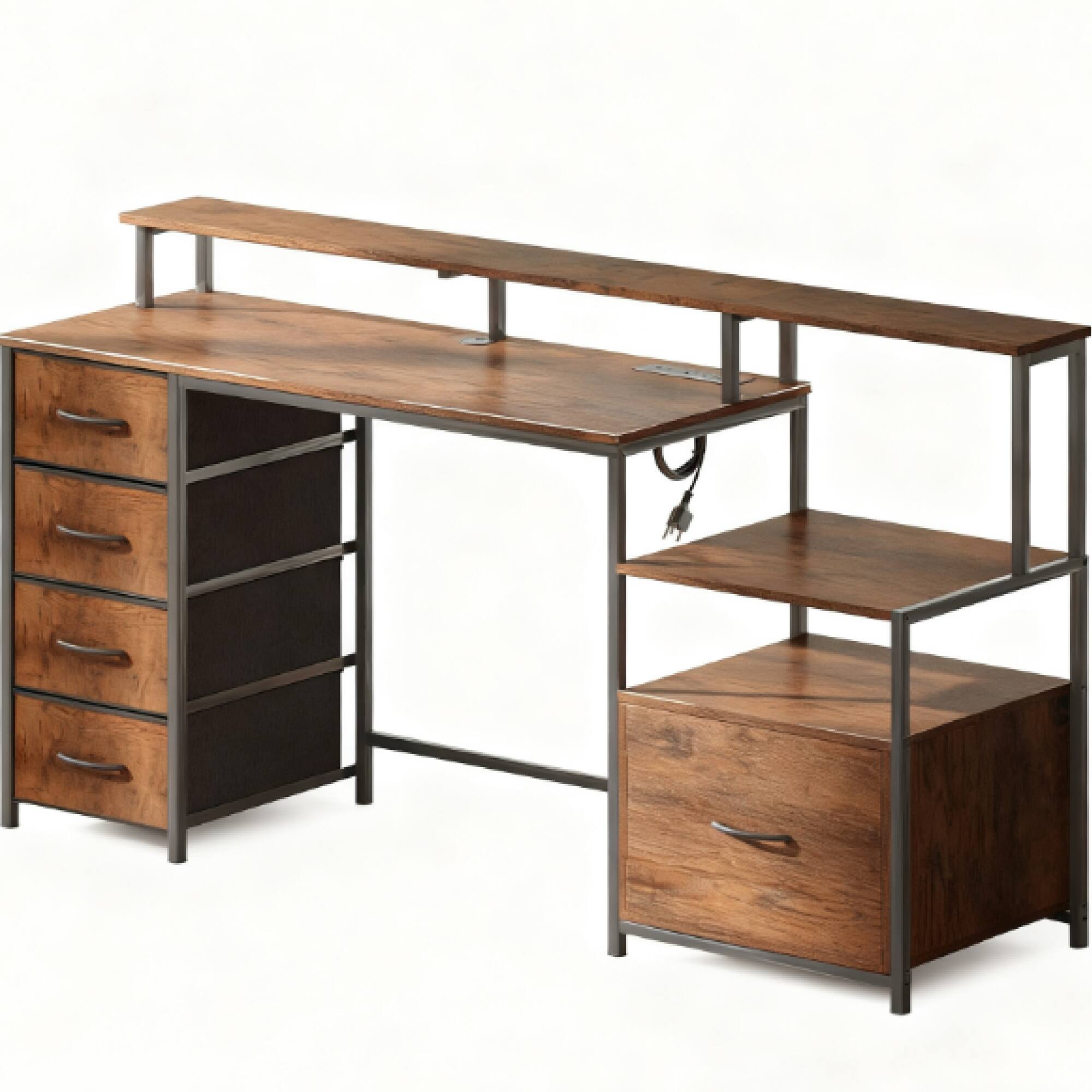 Angle. GOODSILO - Modern Home Office Desk with Built-in Power Station, LED Lighting, and Storage Drawers for Gaming and Work - Black+Rustic Brown.