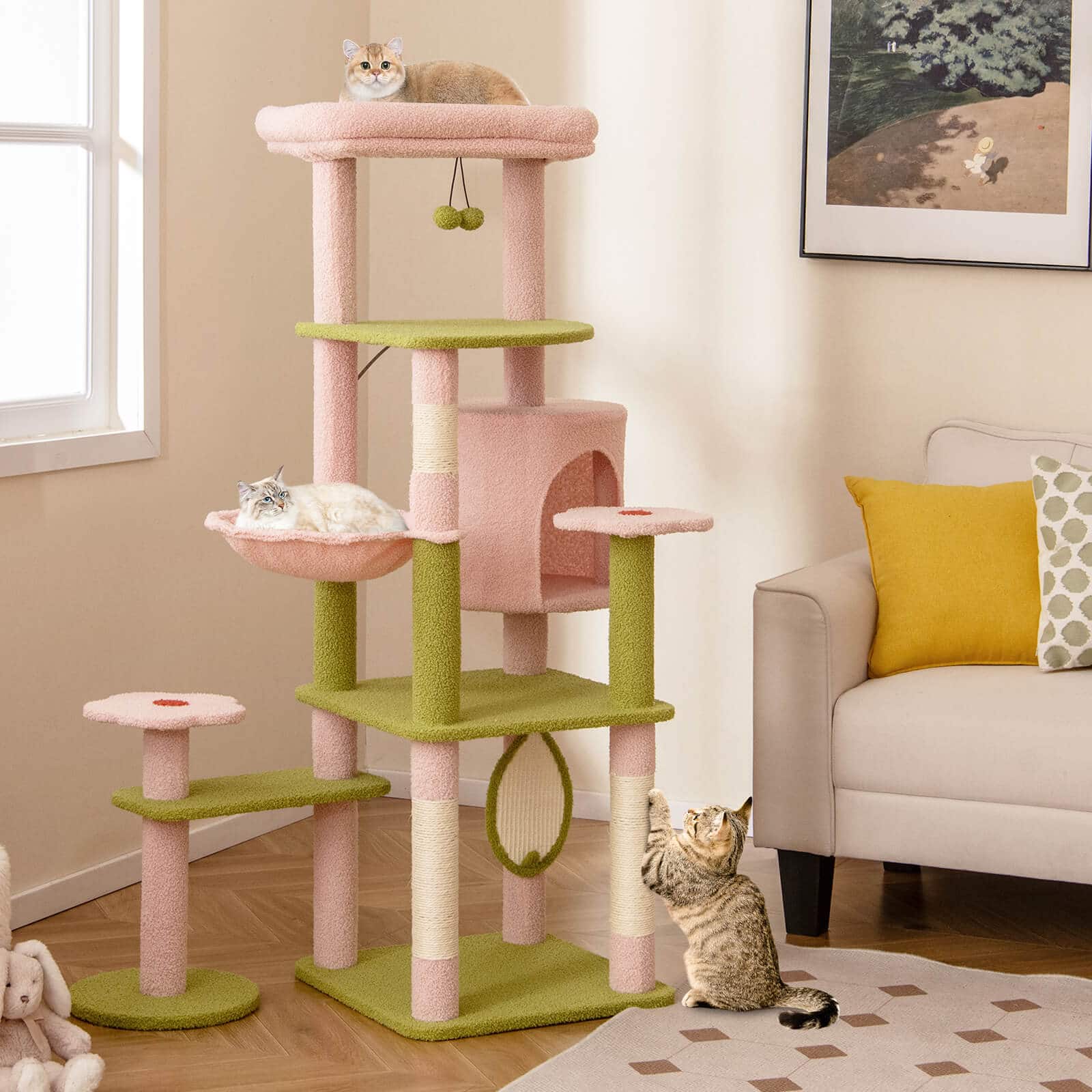 Alt View 2. Costway - Costway 58" Tall Cat Tree Multi-Level Aesthetic Floral Kitten Tower w/ Plush Padded Top Perch - Pink,Green.