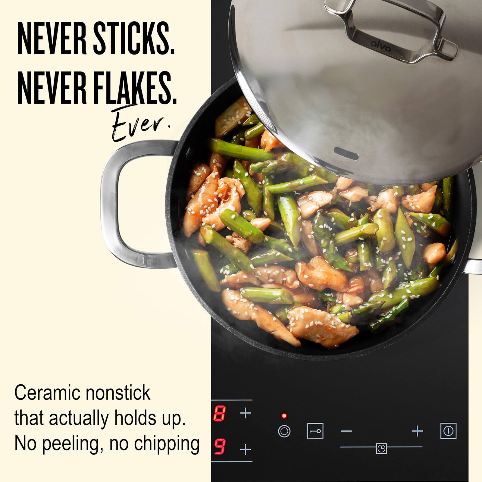 NEVER STICKS.  
NEVER FLAKES.  
Ever.  

Ceramic nonstick that actually holds up.  
No peeling, no chipping