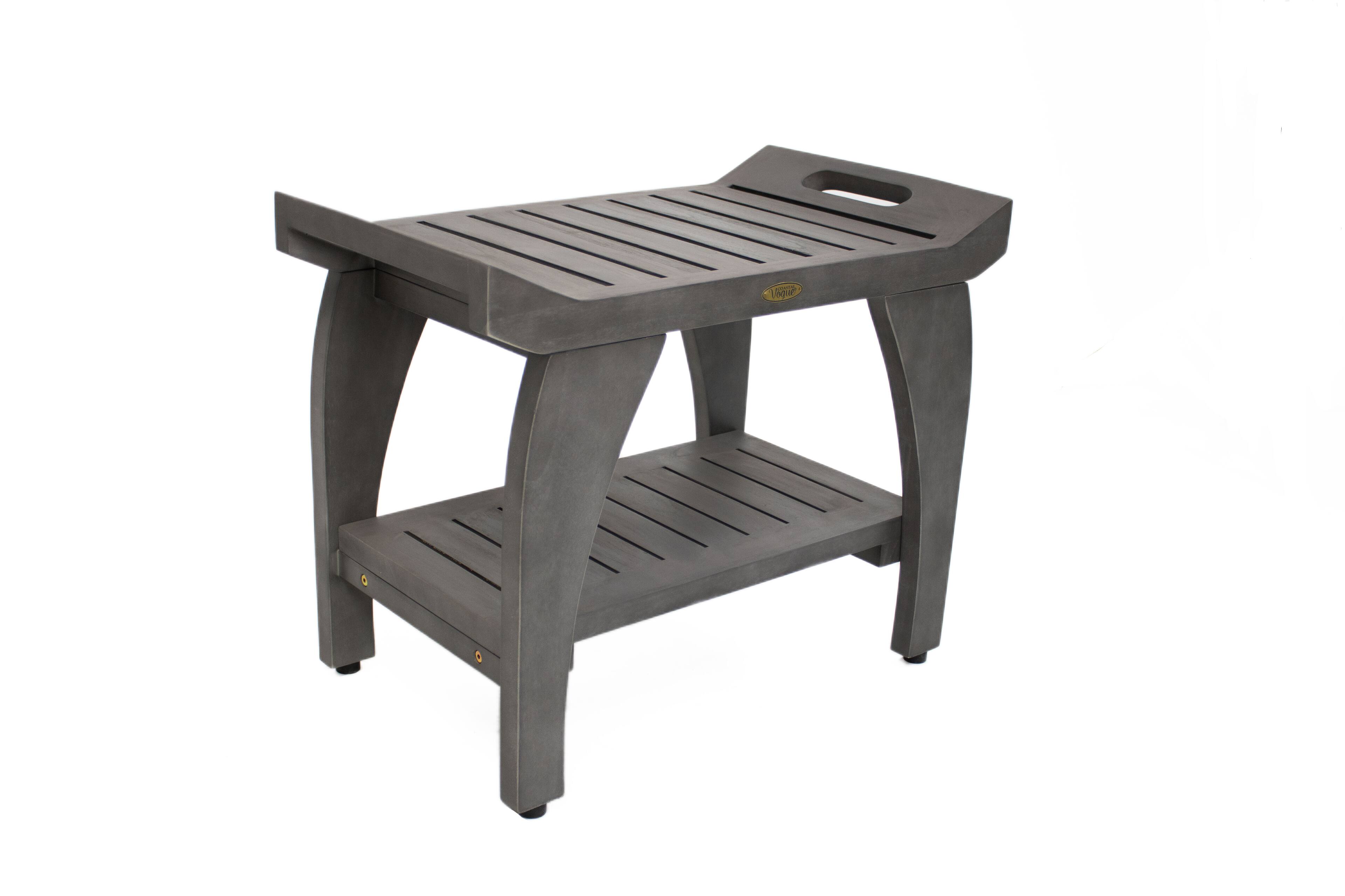 Left. CoastalVogue - CoastalVogue® Tranquility® 24" Teak Wood Shower Bench with Shelf and LiftAide® Arms in Antique Gray Finish - Antique Gray.