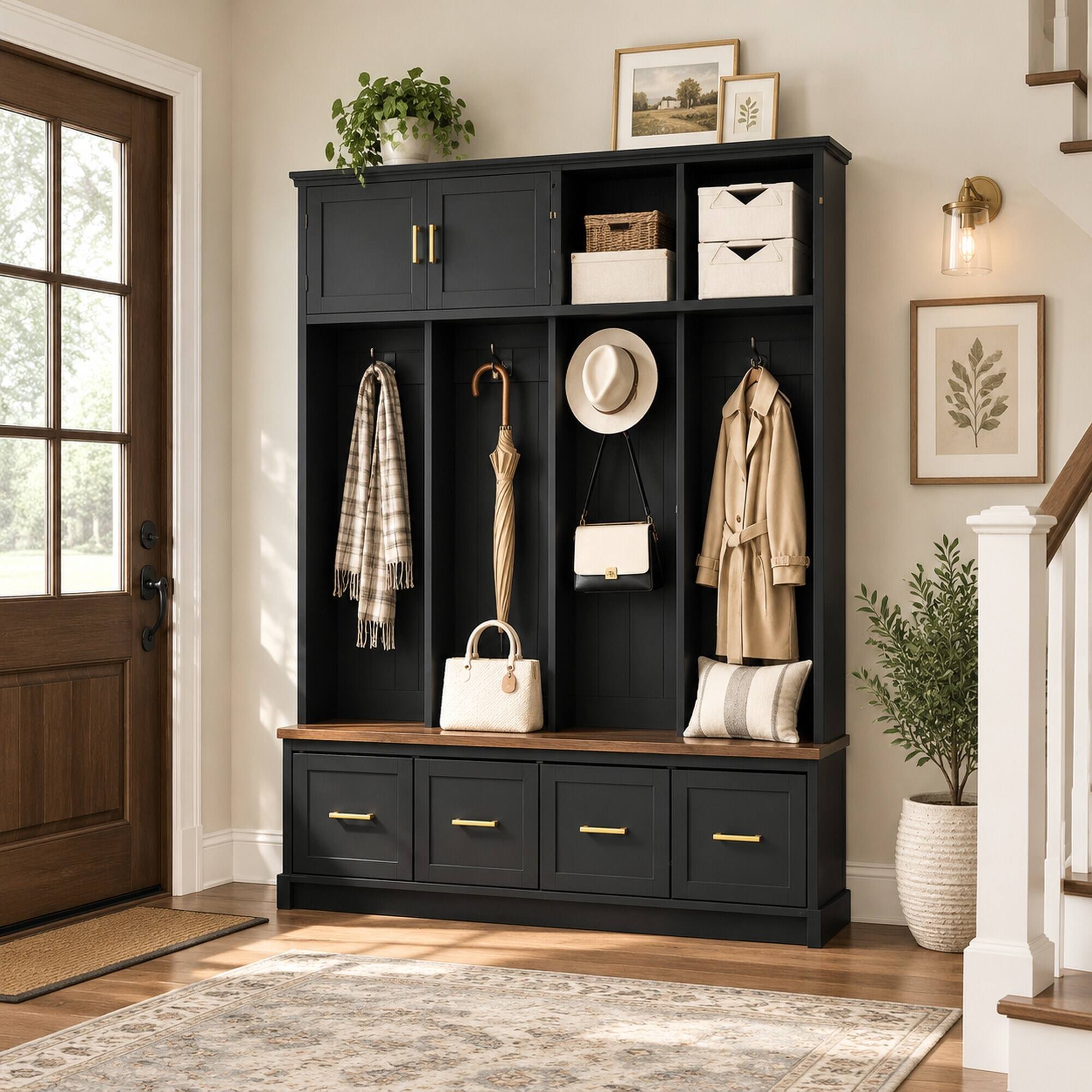 Back. RYHNUYNE - U-Can Farmhouse Hall Tree, 59 in Wide, MDF, White Finish, Gold Hardware, Hooks and Cabinets, Entryway Storage - Antique Black.