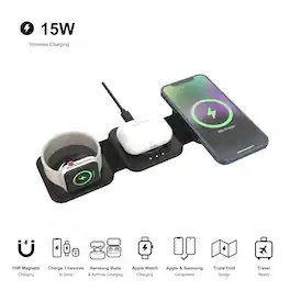 Energizer - 3-in-1 15W Foldable Magnetic MagSafe/Qi2 Fast 15W Universal Charging Station for Phones + AirPods + Apple Watch - Black