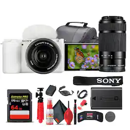 Sony - ZV-E10 II Mirrorless Camera with 16-50mm II Lens White Bundle + 64GB Card + Bag + 55-210mm Telephoto Lens + More