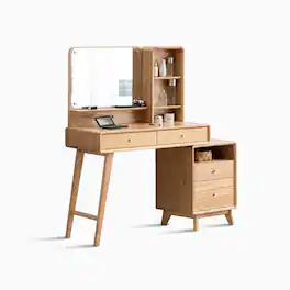 Loheer - Solid Makeup Vanity Adjustable Width Table with Mirror - Oak