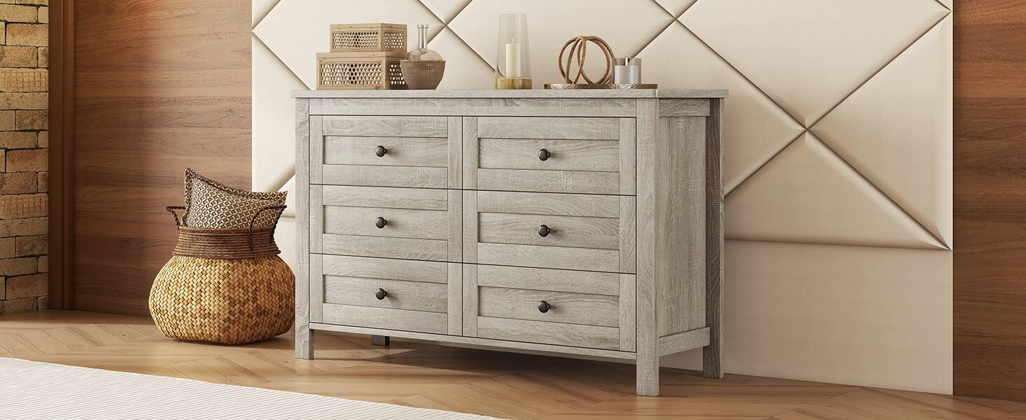 Back. Forest'nSky - Anitque Gray Retro Farmhouse Style Wooden Dresser with 6 Drawer, Storage Cabinet for Bedroom - Anitque Gray.