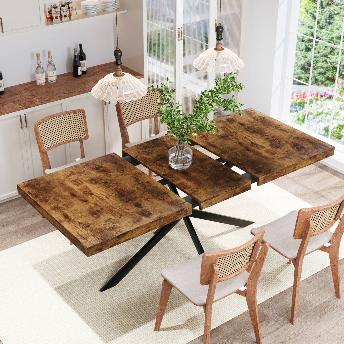 Front. Loheer - Loheer Extendable Dining Table, Brown Antique Wood-Look Top, 55 to 71 Inch Rectangular Design - Brown.