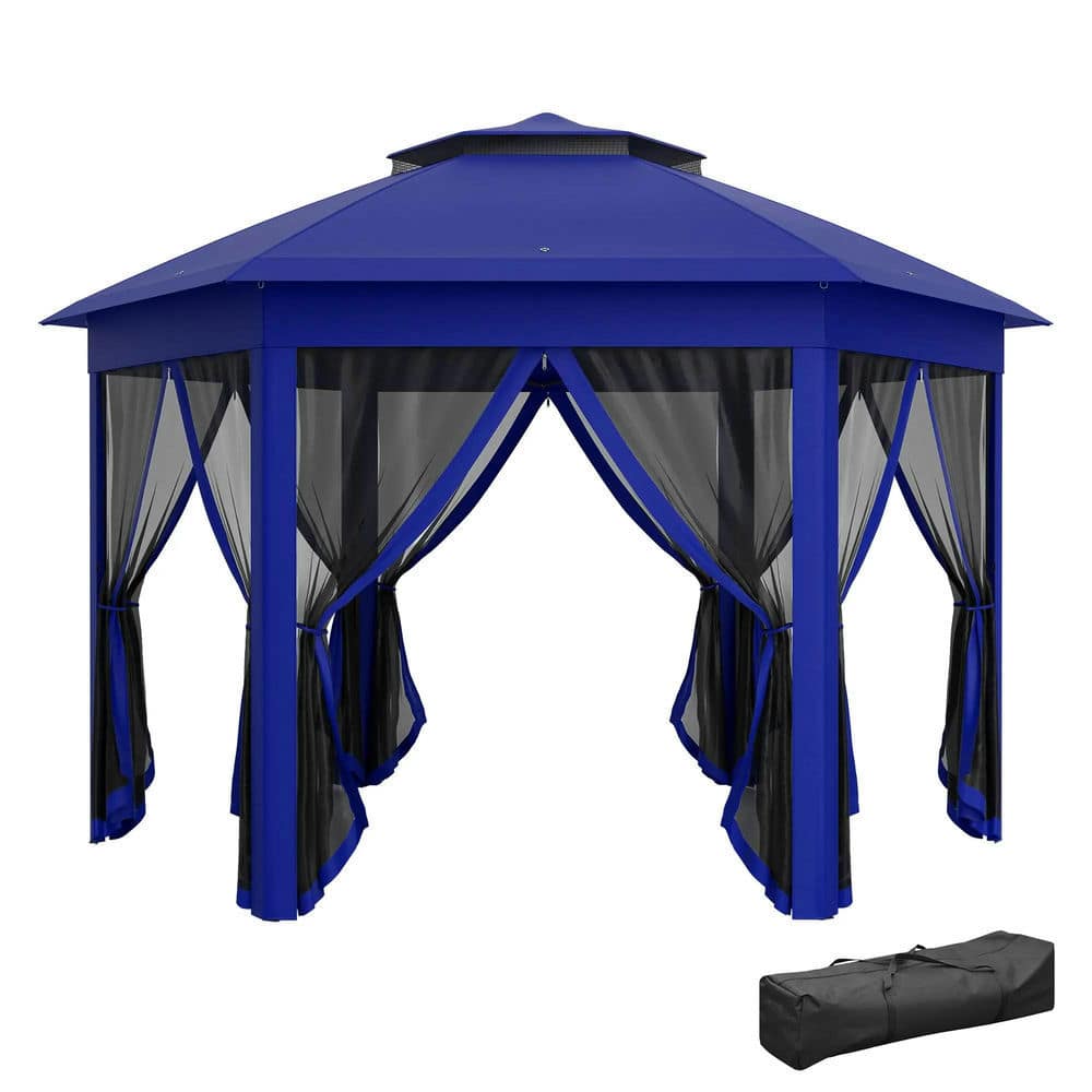 Spaco - 13'x13' Pop Up Gazebo Hexagonal Canopy Shelter,6 Zippered Mesh Netting - Blue