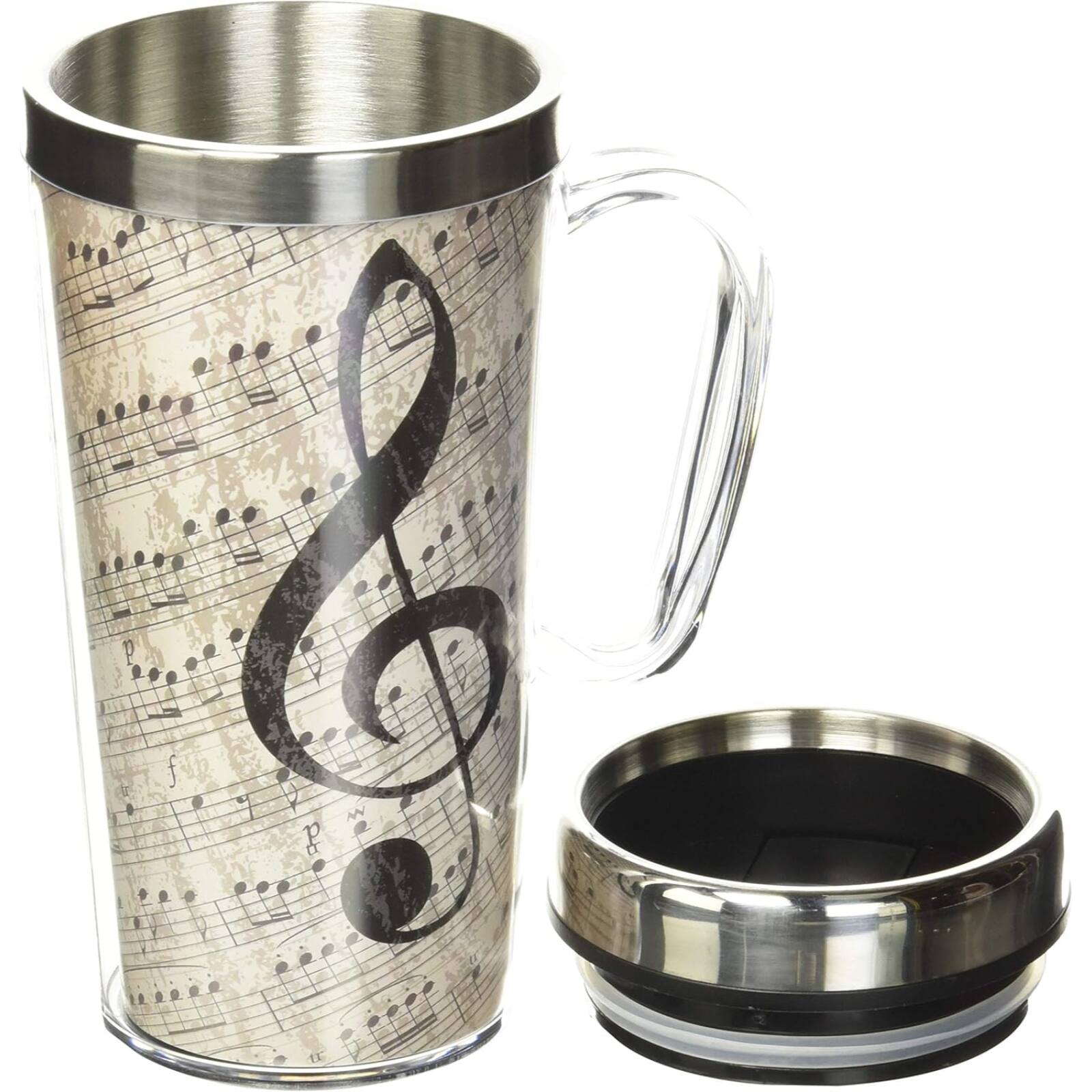 Angle. Spoontiques - Spoontiques Music Notes Double Walled Stainless and Acrylic Insulated Travel Mug 14 ounce - Beige.