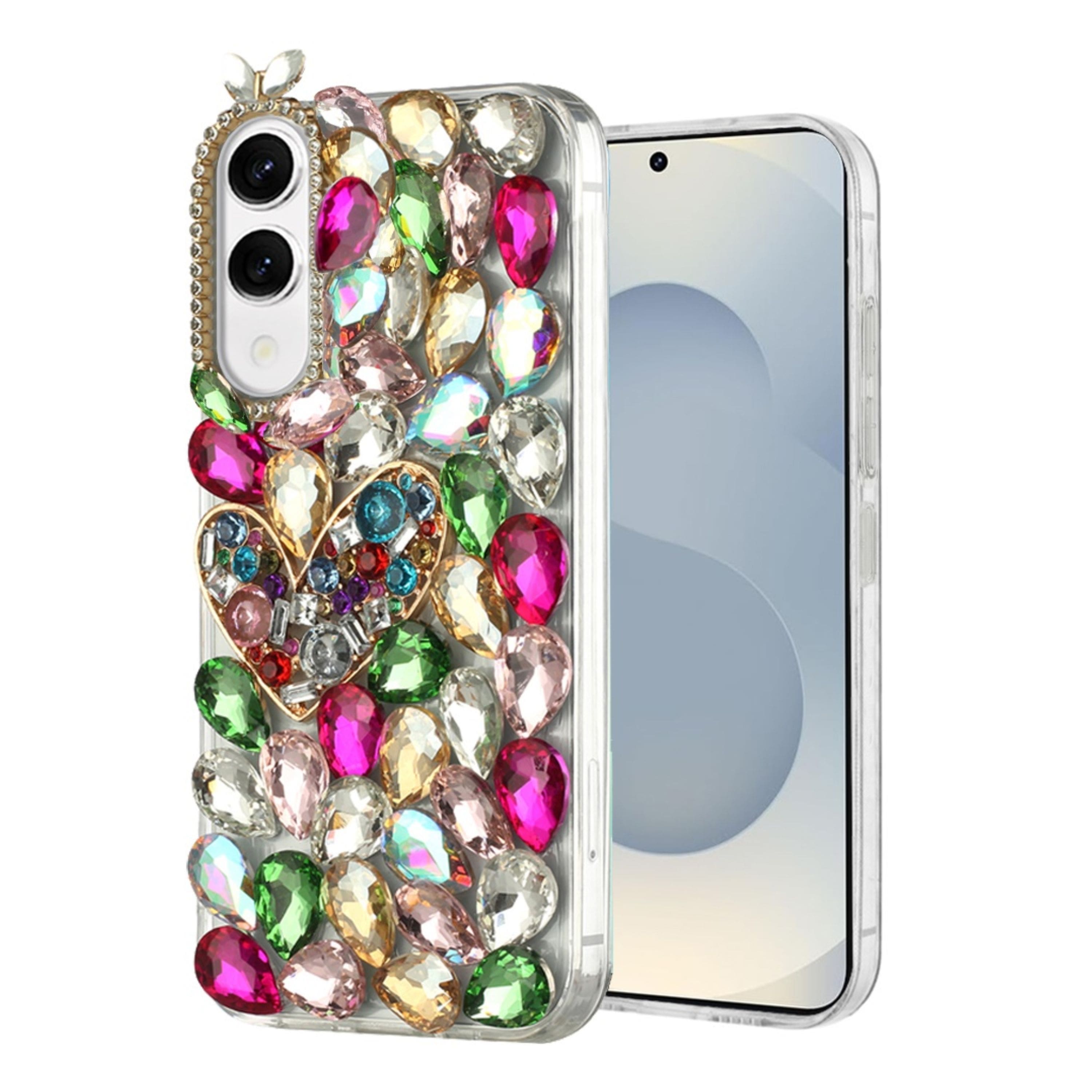 Kitcheniva - Full Diamond Bling 3D Jewel Ornaments With Tempered Glass For Samsung Galaxy S25 Edge Colorful With Heart - Multicolor