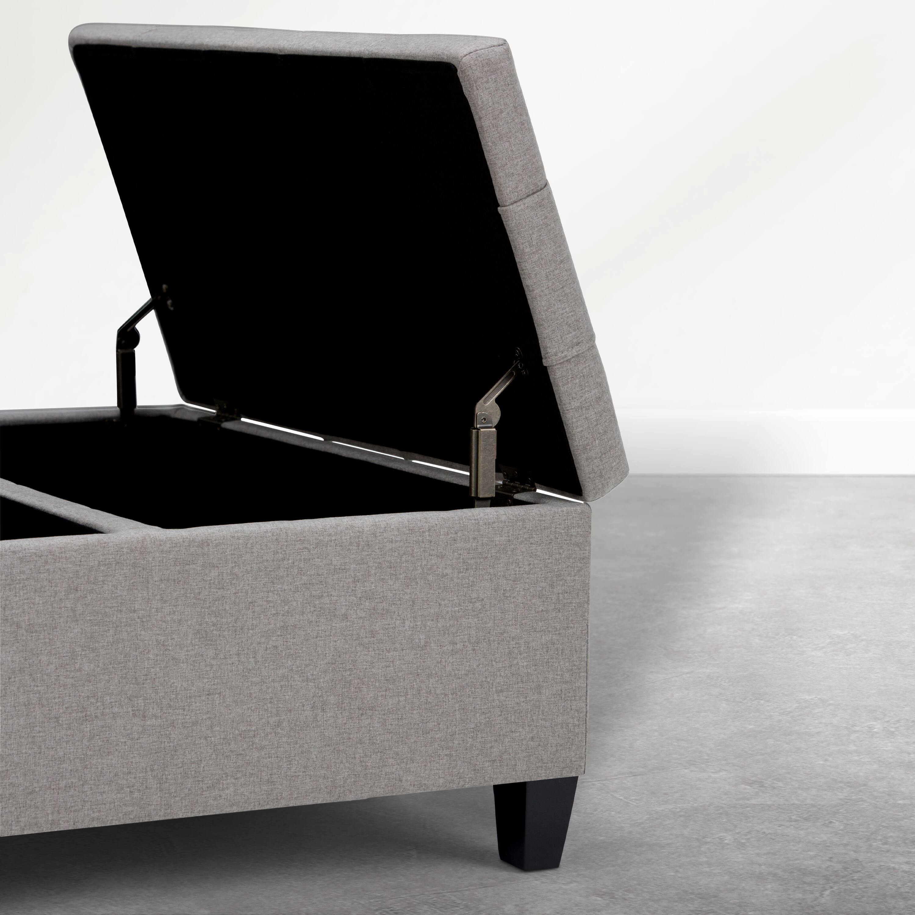 Alt View 1. Simpli Home - Harrison 36 inch Wide Upholstered Solid Wood Square Storage Ottoman, Oyster Grey - Oyster Grey.