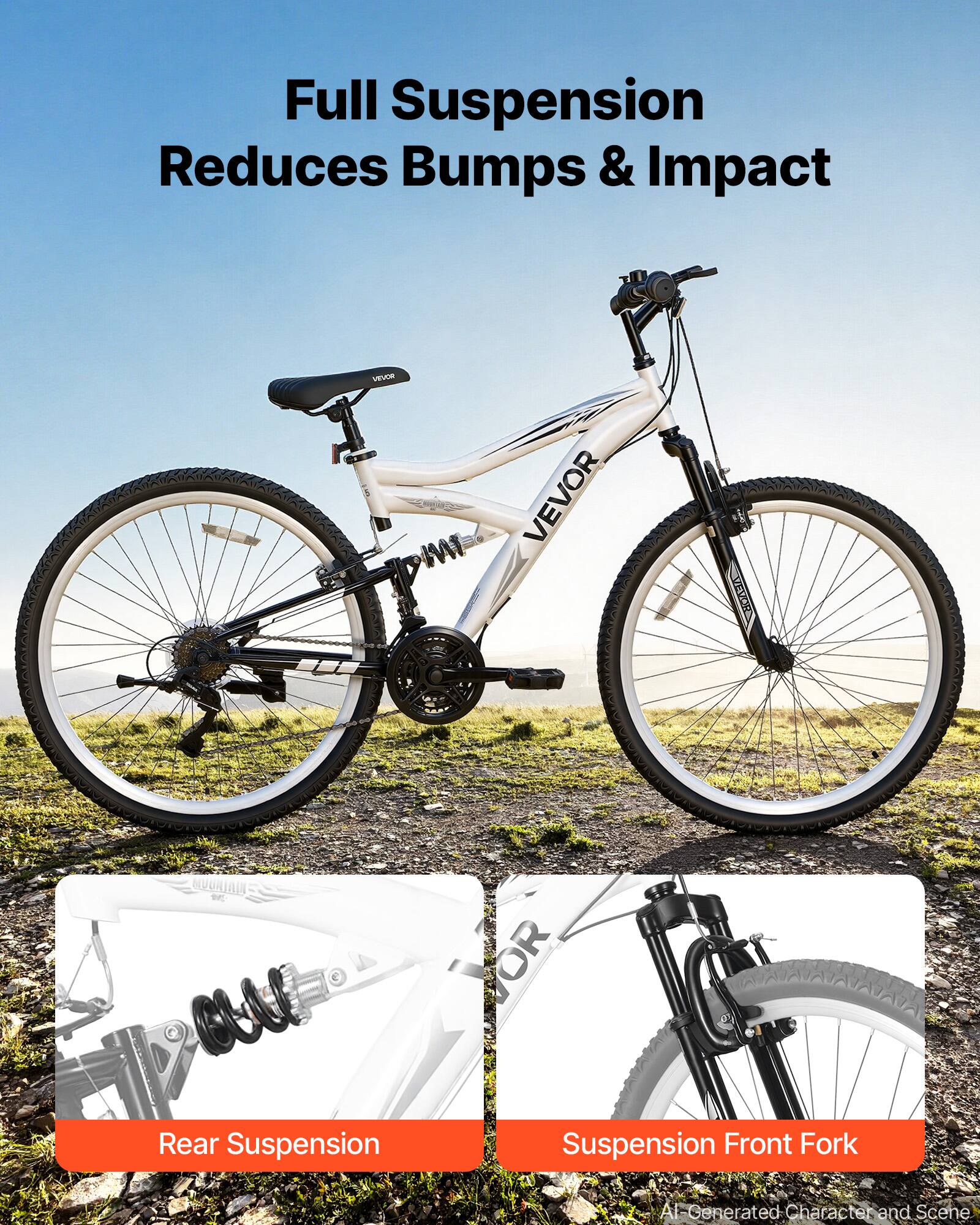 Full Suspension Reduces Bumps & Impact

VEVOR

Rear Suspension

Suspension Front Fork

AI-Generated Character and Scene