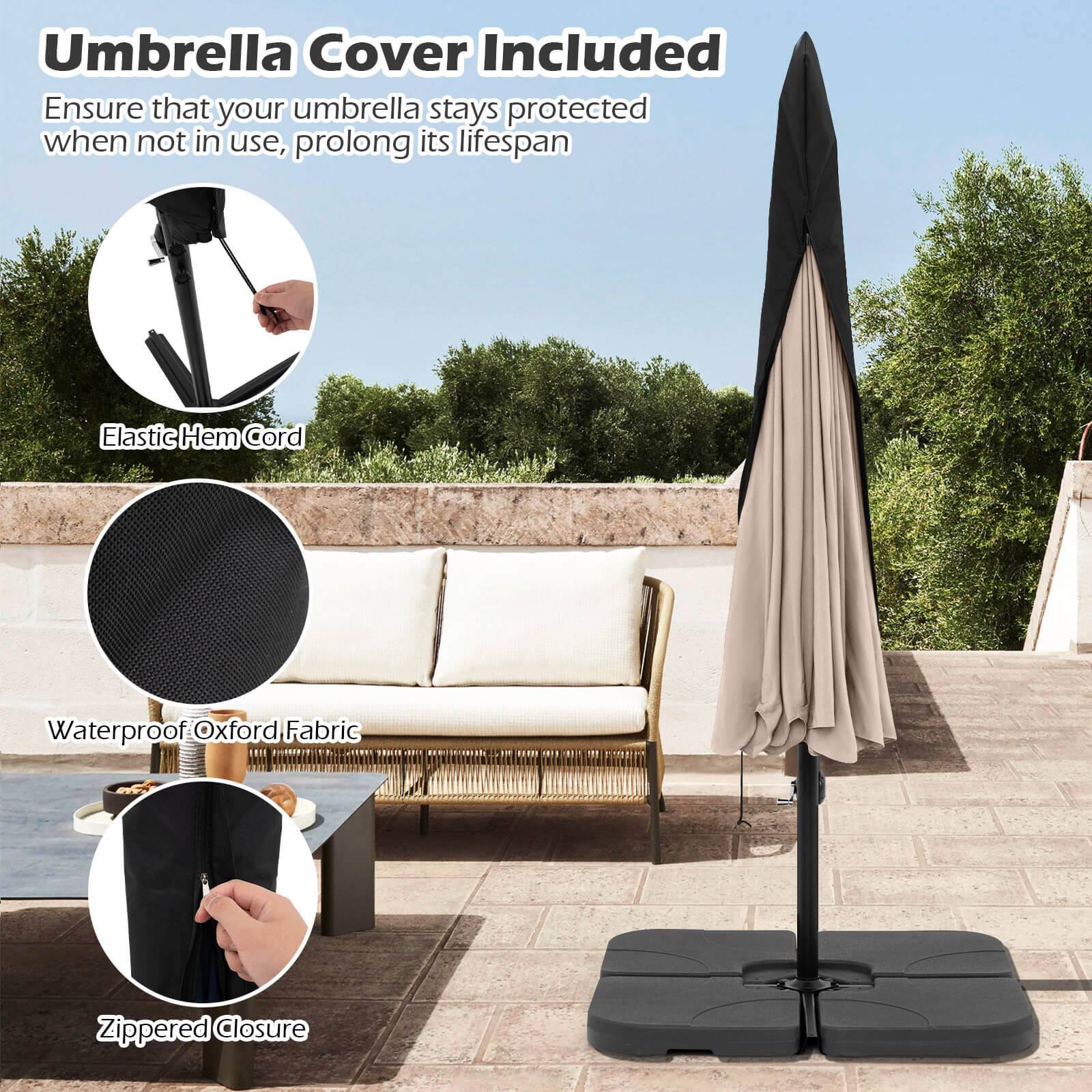 Umbrella Cover Included: Ensure that your umbrella stays protected when not in use, prolonging its lifespan. Elastic Hem Cord: Waterproof Oxford Fabric Zippered Closure.