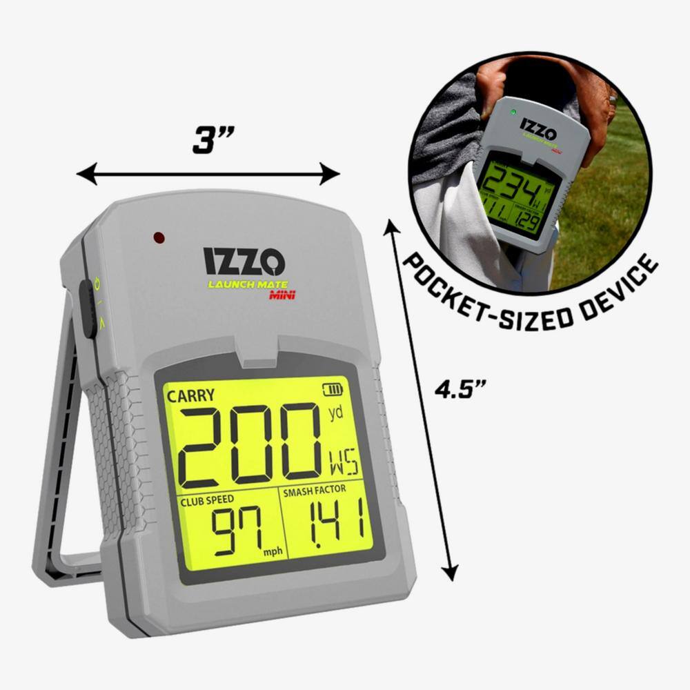 The Izzo pocket-sized device is a mini launch mate that measures club speed, smash factor, and ball speed. It has a 200 yard factor and can measure distances up to 4.5 yards. The device is designed to be carried and is compact, making it easy to use on the golf course.