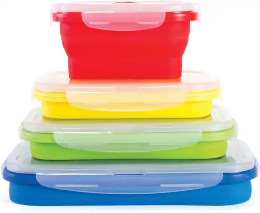 Front. Kitchen + Home - Thin Bins Collapsible Containers - Set of 4 Rectangle Silicone Food Storage Containers - multicolor.