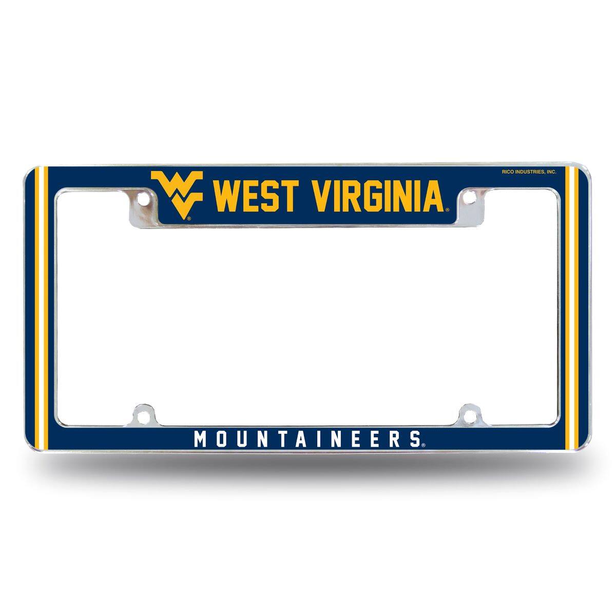 West Virginia Mountaineers Chrome Metal License Plate Frame with Full Frame Team Color Graphics