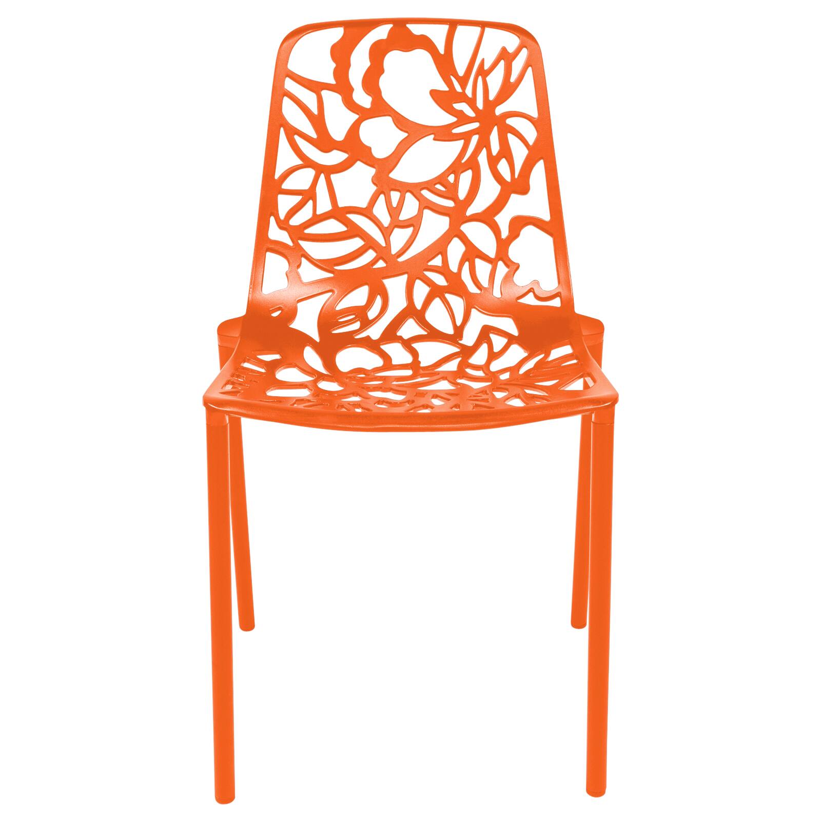 Alt View 3. LeisureMod - Devon (Set of 2) Aluminum Outdoor Dining Chair, UV Resistant & Stackable Floral Design Accent Chair - Fully Assembled - Orange.