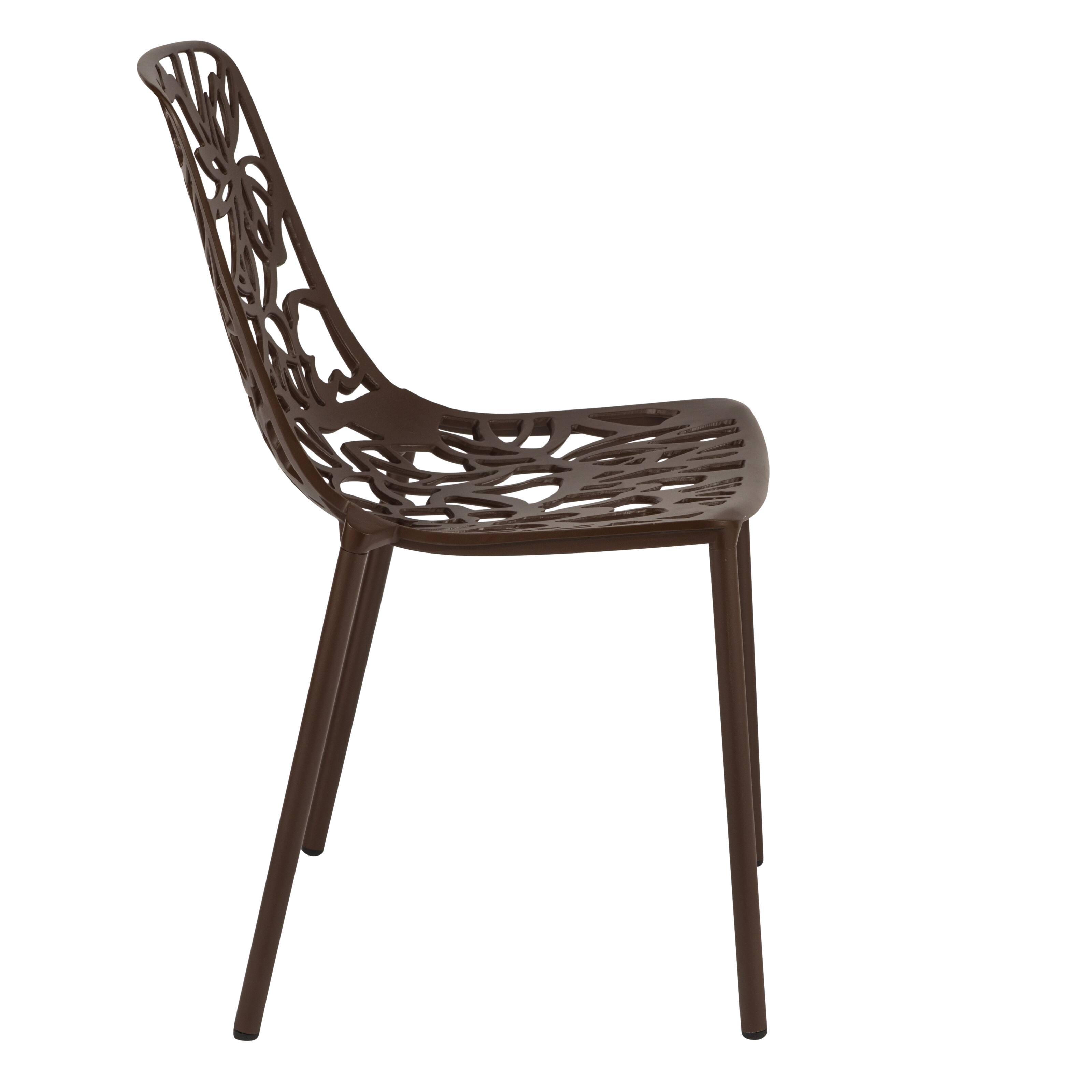 Alt View 4. LeisureMod - Devon (Set of 2) Aluminum Outdoor Dining Chair, UV Resistant & Stackable Floral Design Accent Chair - Fully Assembled - Brown.