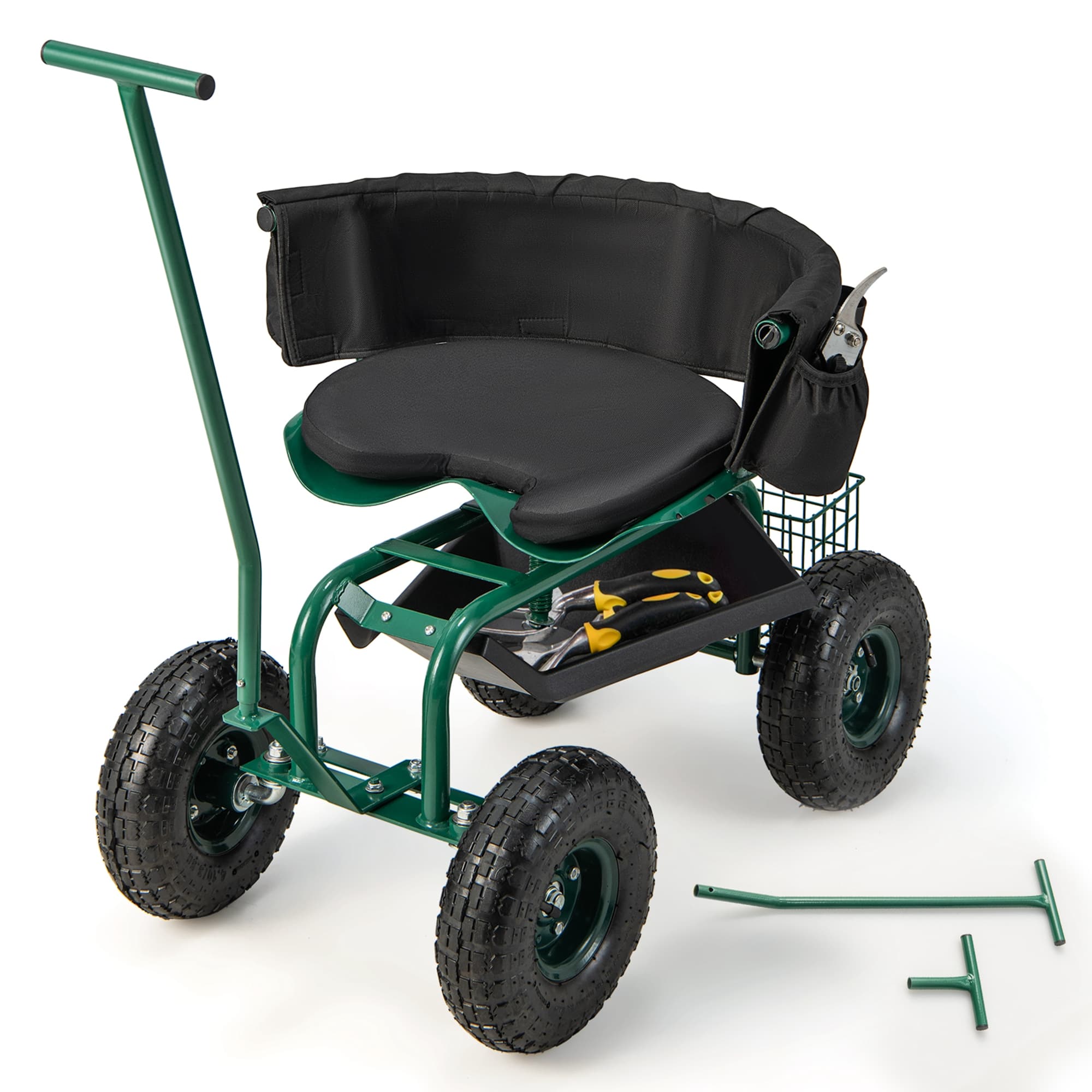 Costway - Rolling Garden Cart Outdoor Gardening Workseat with Adjustable Height &Tool Storage - Green
