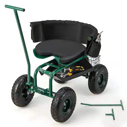 Front. Costway - Costway Rolling Garden Cart Outdoor Gardening Workseat with Adjustable Height &Tool Storage - Green.