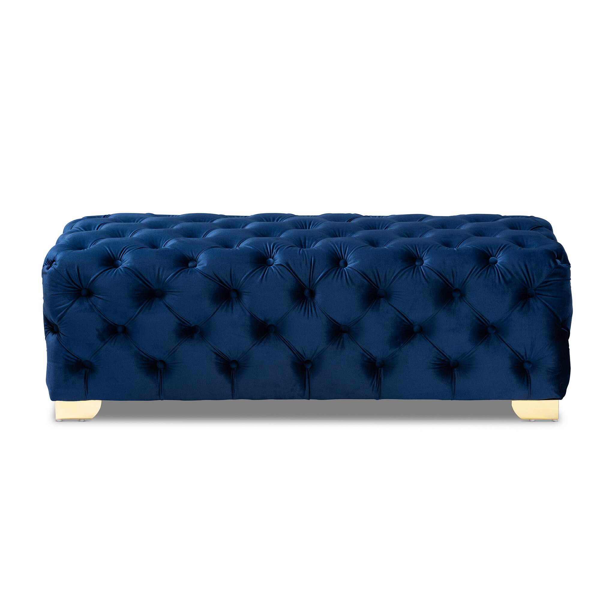 Angle. Baxton Studio - Avara Glam and Luxe Velvet Fabric Upholstered Gold Finished Button Tufted Bench Ottoman - Royal Blue/Gold.