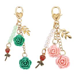 Unique Bargains - 2pcs Rose Flower Key Chains w/ LOVE Mini Rose Pendant Keyrings, Elegant Car Keychains for Women Purse Handbag Bag Keys - Green/Pink