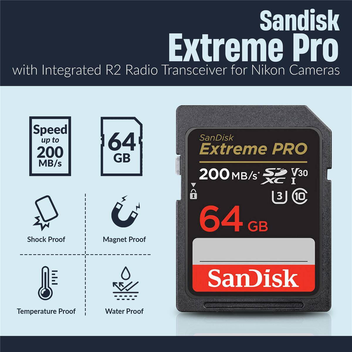 Sandisk Extreme Pro with Integrated R2 Radio Transceiver for Nikon Cameras  
Speed up to 200 MB/s  
64 GB  
Shock Proof  
Magnet Proof  
Temperature Proof  
Water Proof